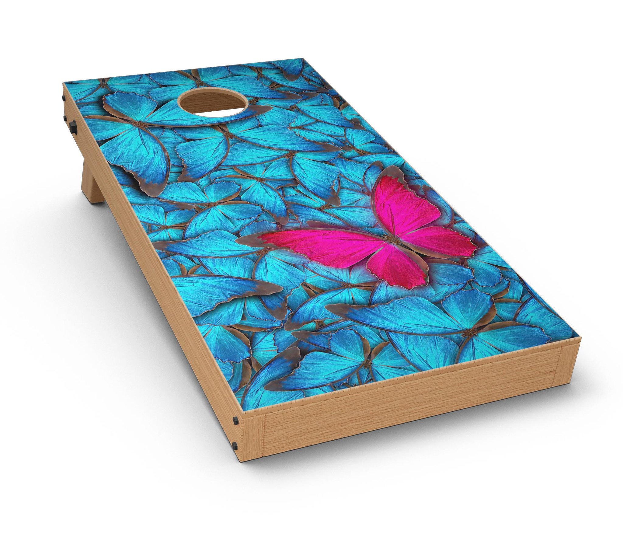 Contrasting Butterfly CornHole Board Skin Decal Kit showcasing vibrant butterfly design on a Cornhole board.