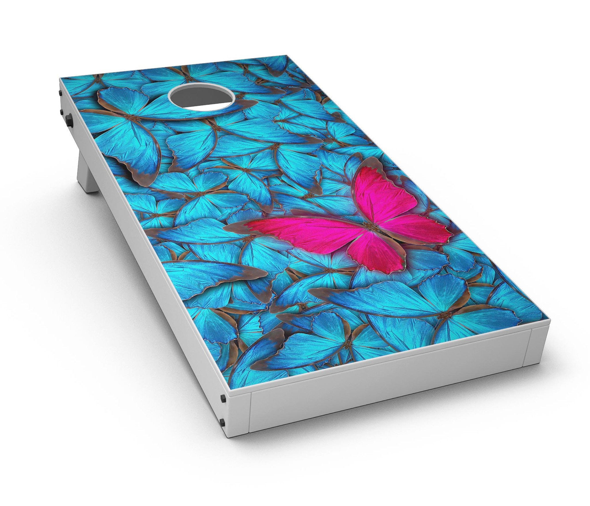 Contrasting Butterfly CornHole Board Skin Decal Kit showcasing vibrant butterfly design on a Cornhole board.