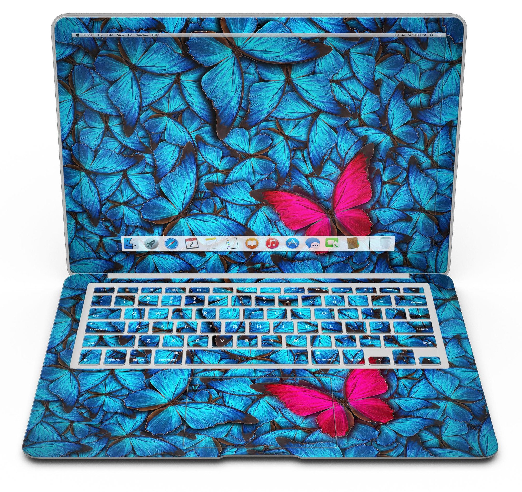 Contrasting Butterfly MacBook Air Skin Kit showcasing vibrant design and premium vinyl material.