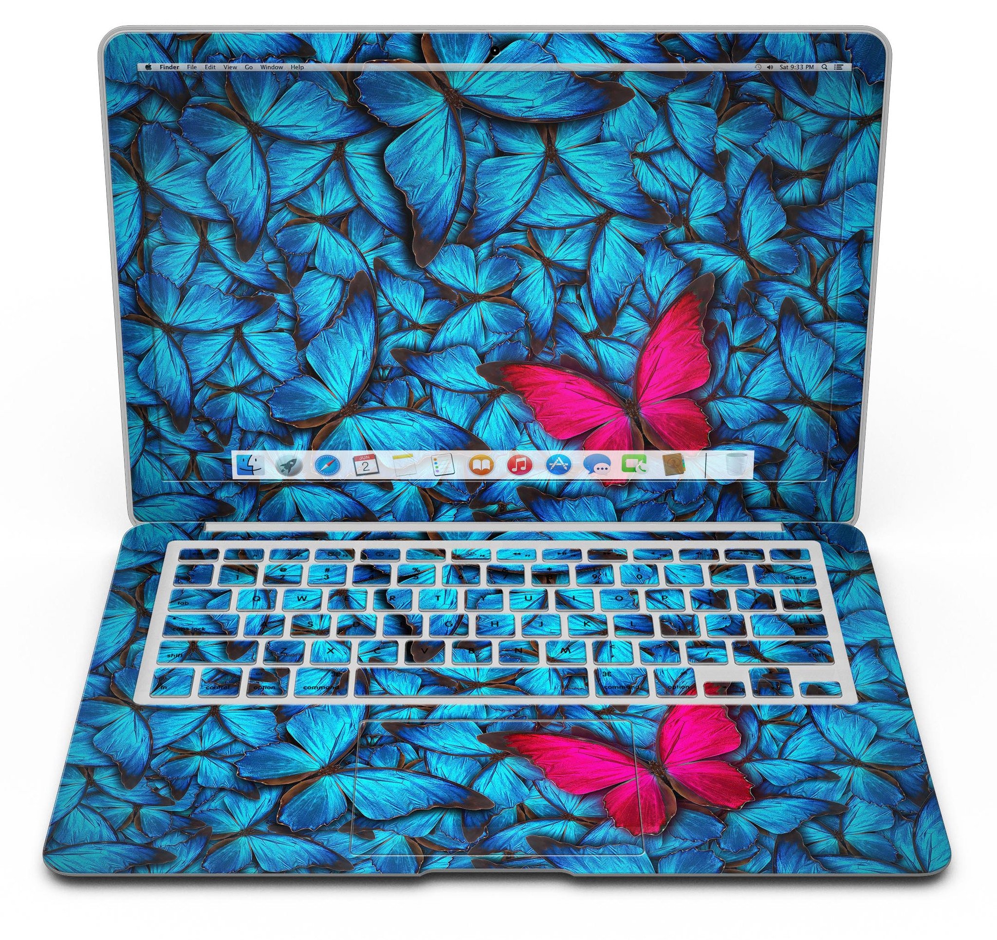 Contrasting Butterfly MacBook Air Skin Kit showcasing vibrant design and premium vinyl material.