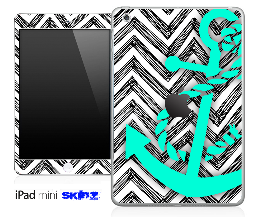 Stylish iPad skin featuring a white chevron pattern and turquoise anchor design, showcasing vibrant colors and high-quality vinyl material.