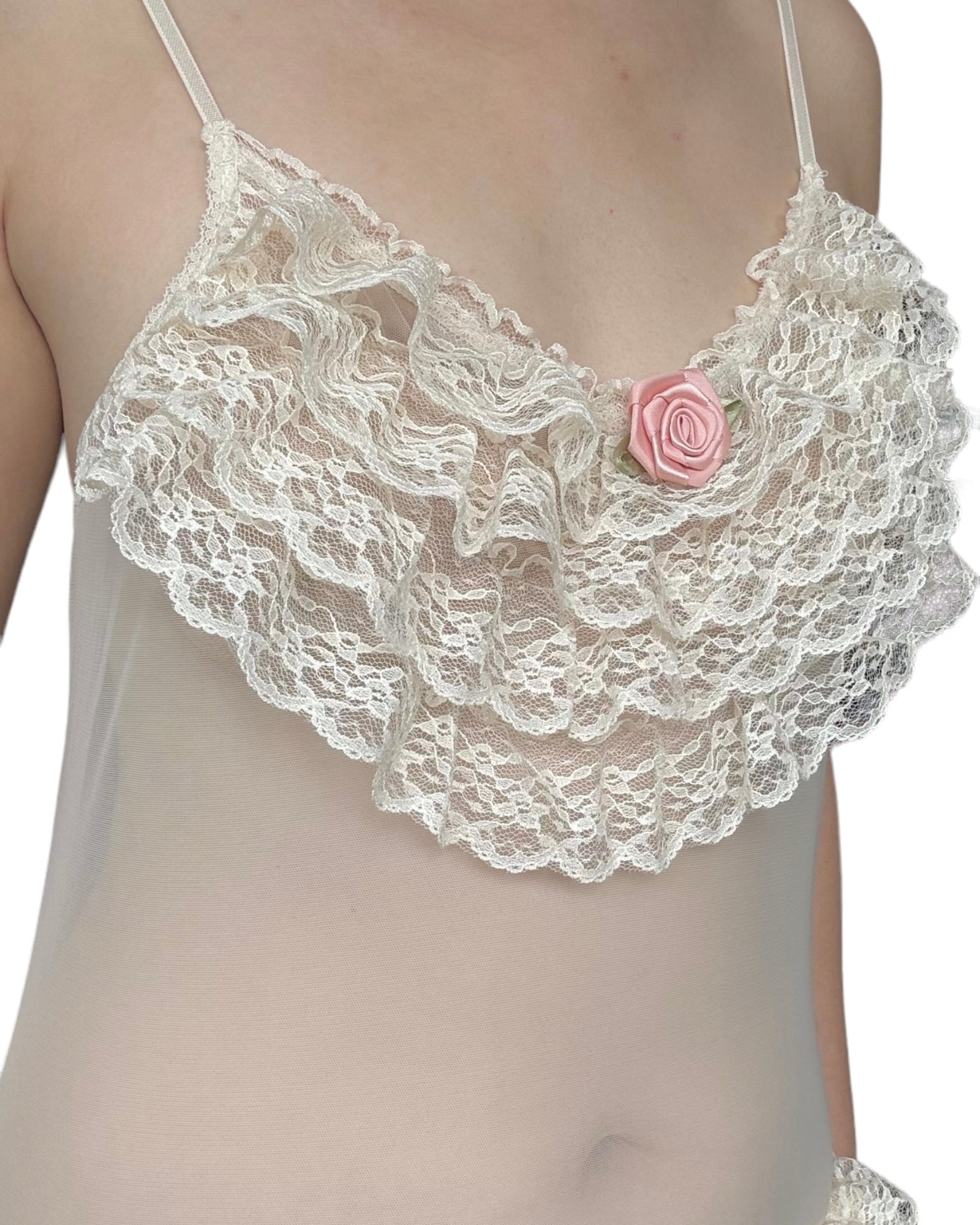 Coquette Princess-Style Beige Floral Bodysuit featuring vintage rose and lace design with pink ribbon accents.