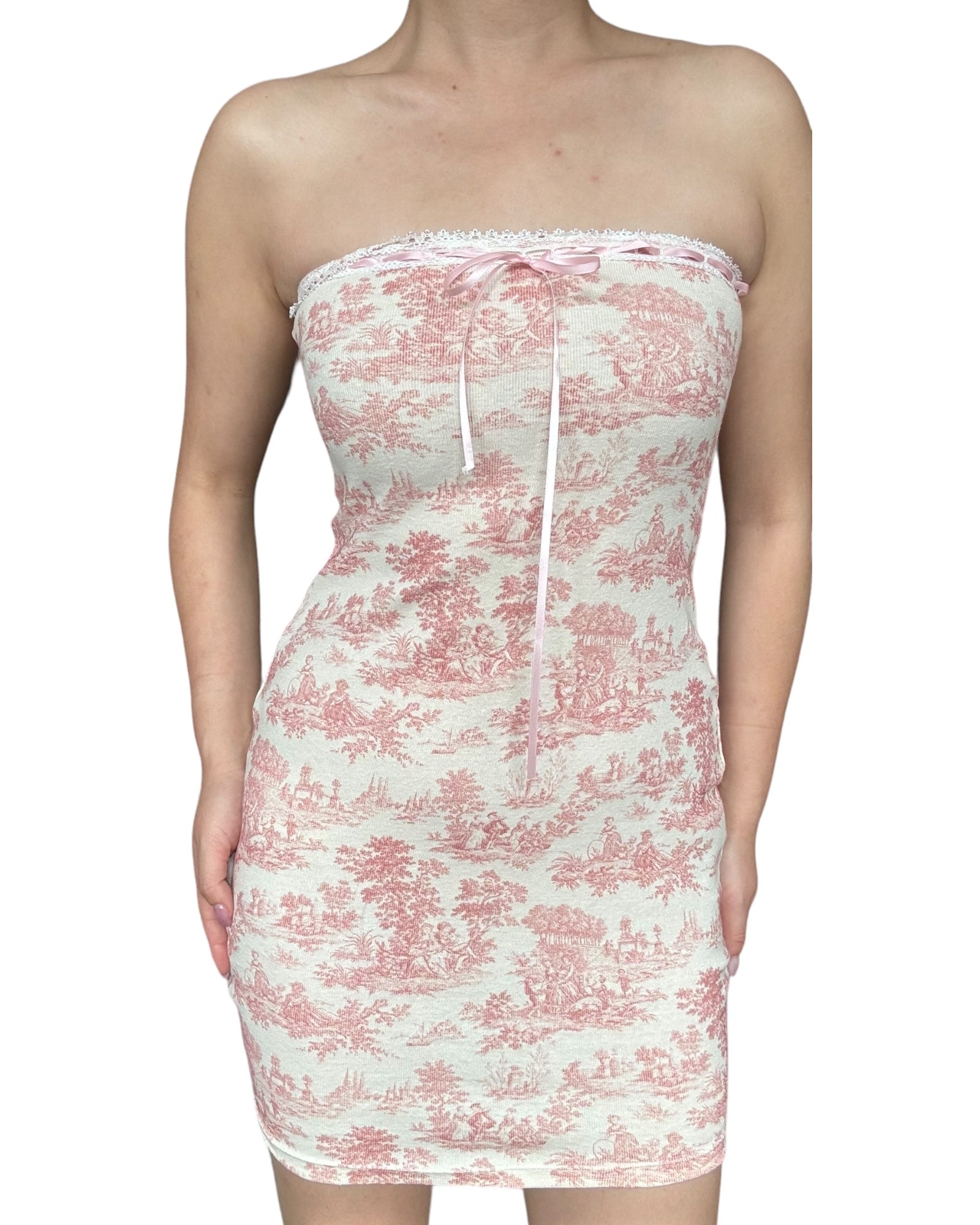 A vintage-inspired red print tube dress featuring a charming bow accent, perfect for garden parties and casual outings.