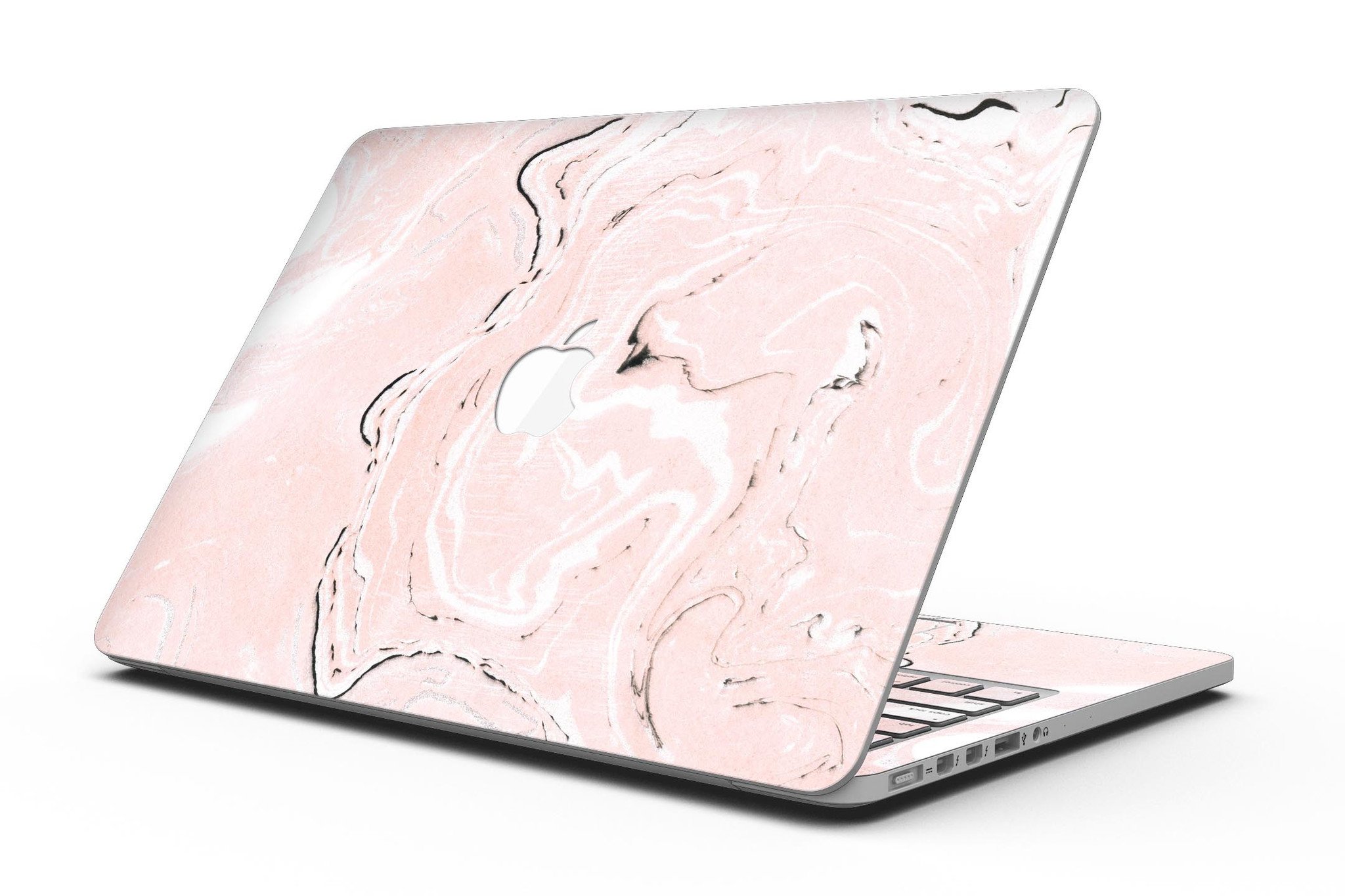 Coral 19 Textured Marble skin applied to a MacBook Pro with Retina Display, showcasing its vibrant design and sleek finish.