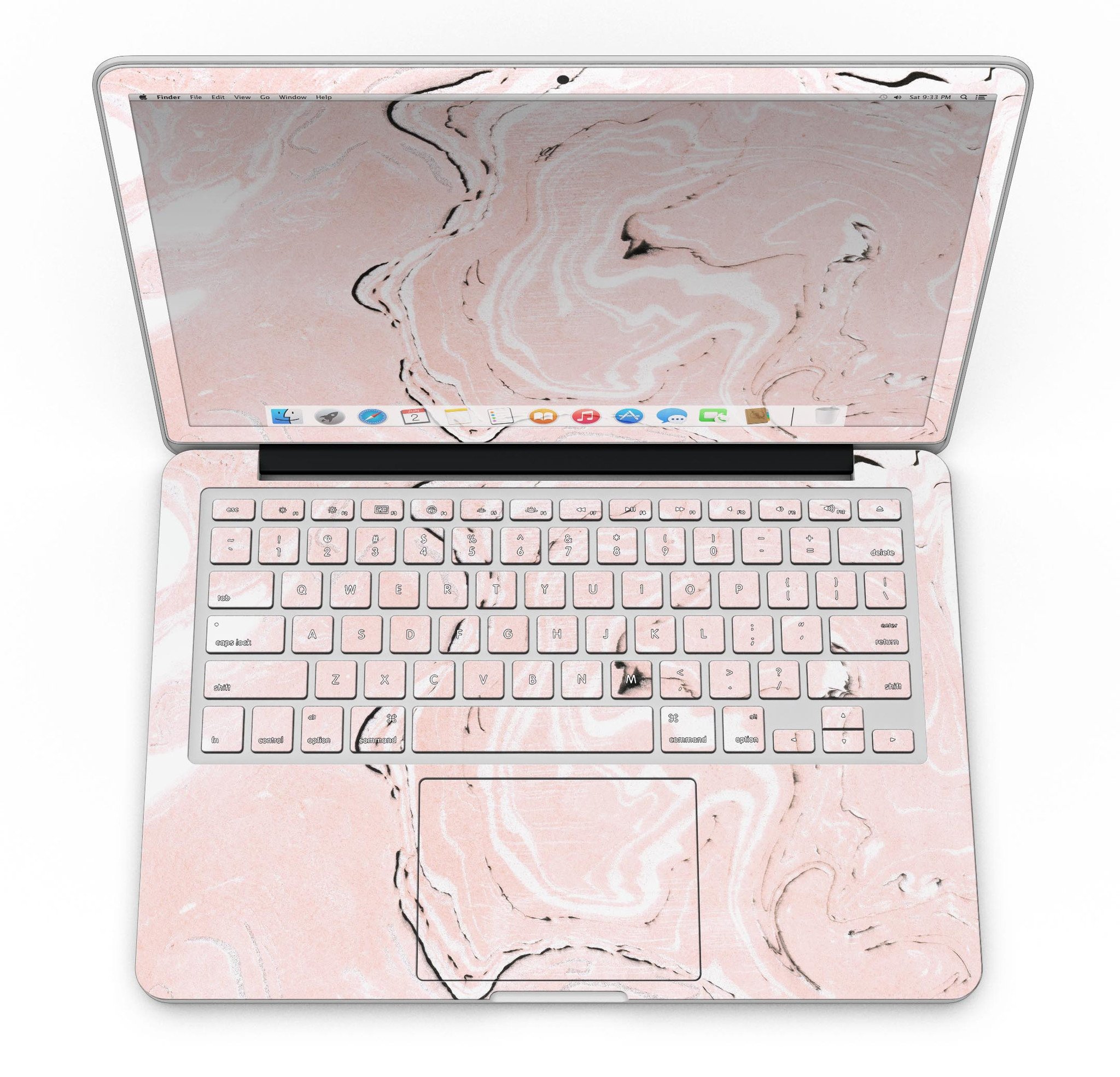 Coral 19 Textured Marble skin applied to a MacBook Pro with Retina Display, showcasing its vibrant design and sleek finish.