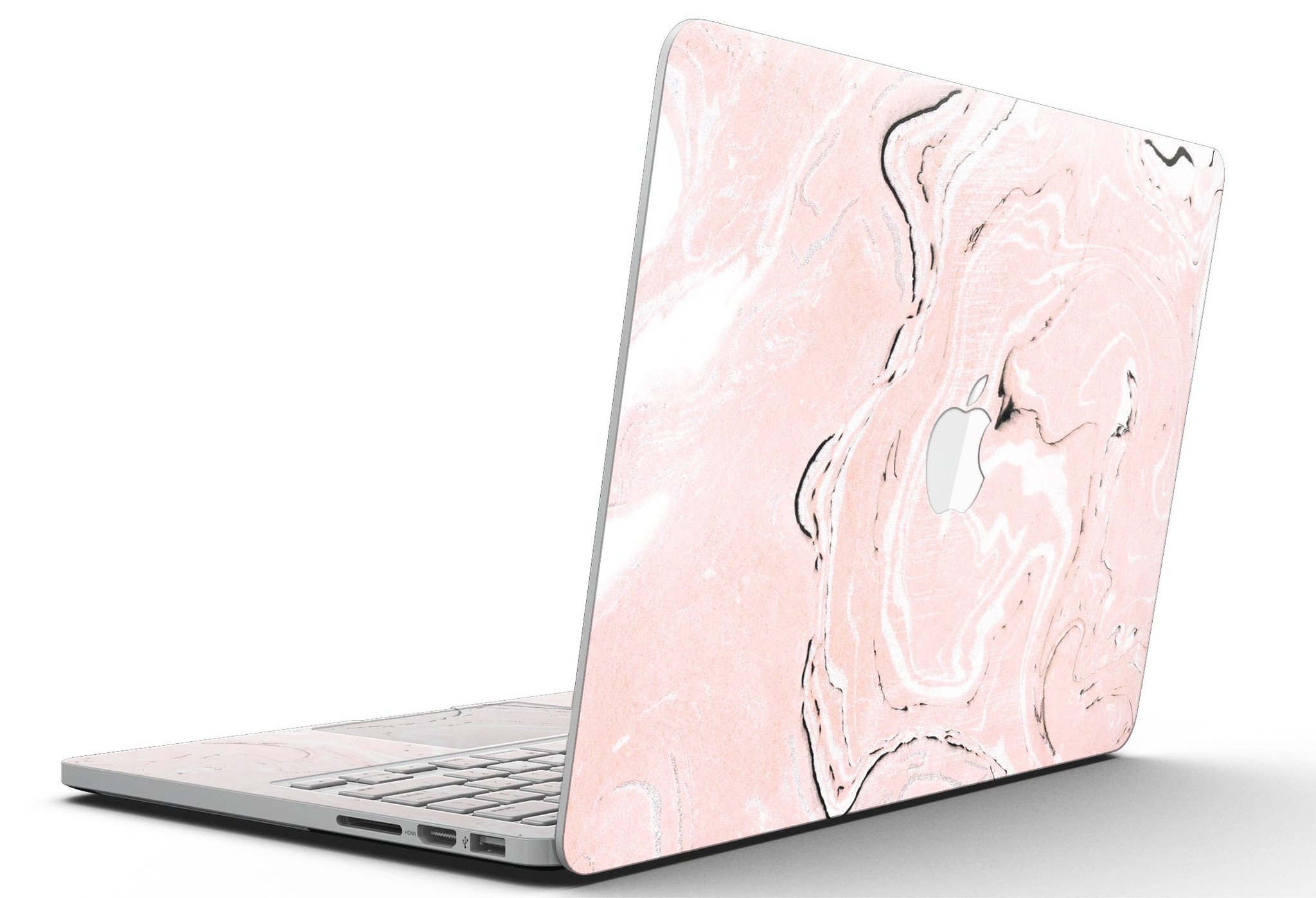 Coral 19 Textured Marble skin applied to a MacBook Pro with Retina Display, showcasing its vibrant design and sleek finish.