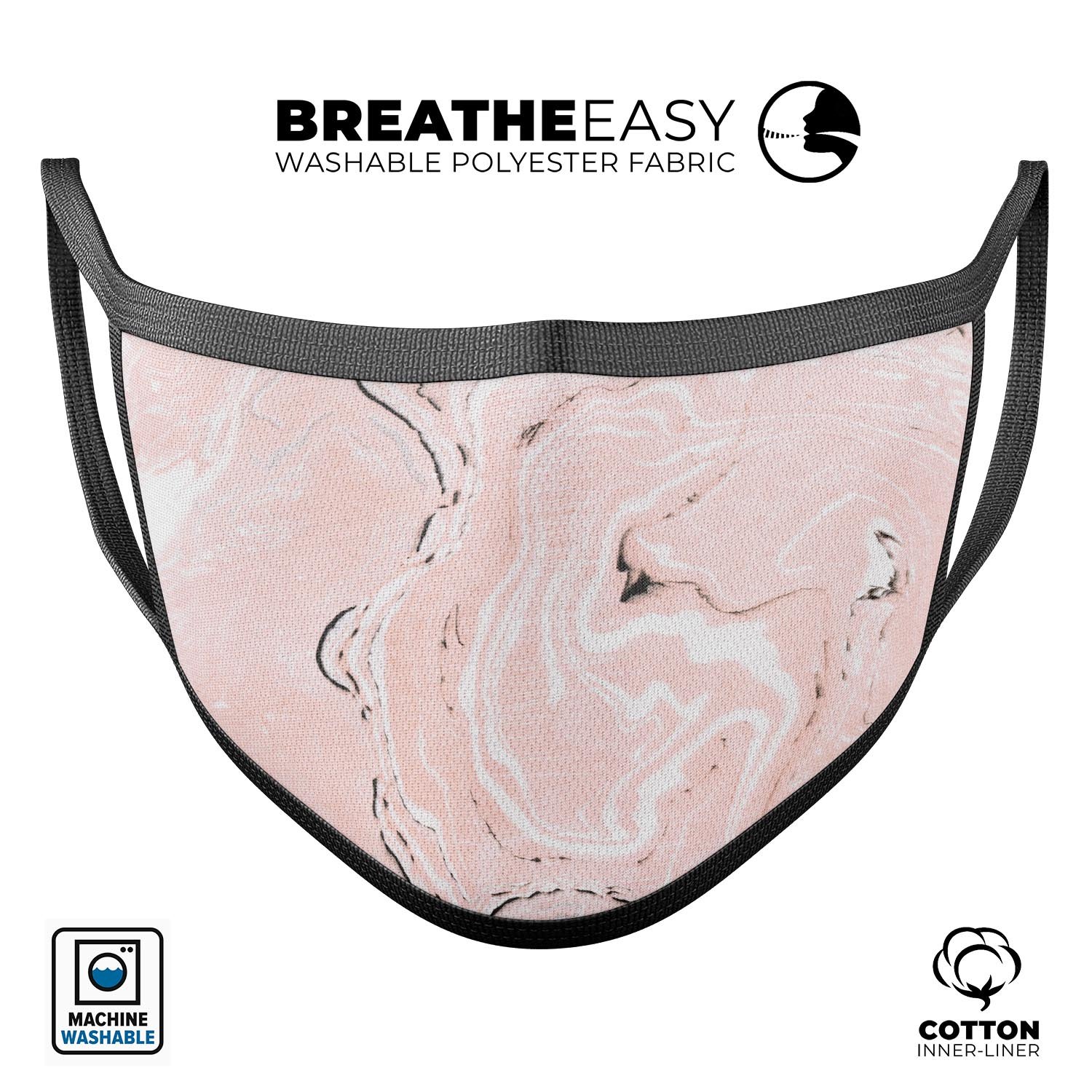 Coral 19 Textured Marble mouth cover, showcasing its unique design and adjustable ear loops for a comfortable fit.