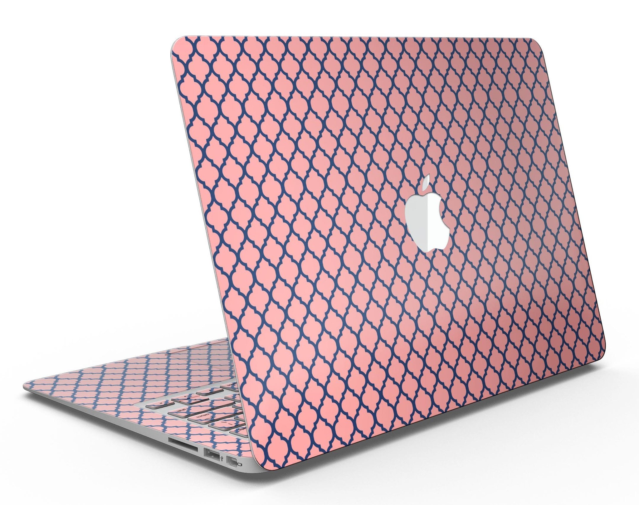 Coral and Moroccan patterned skin kit for MacBook Air, showcasing vibrant colors and intricate designs.