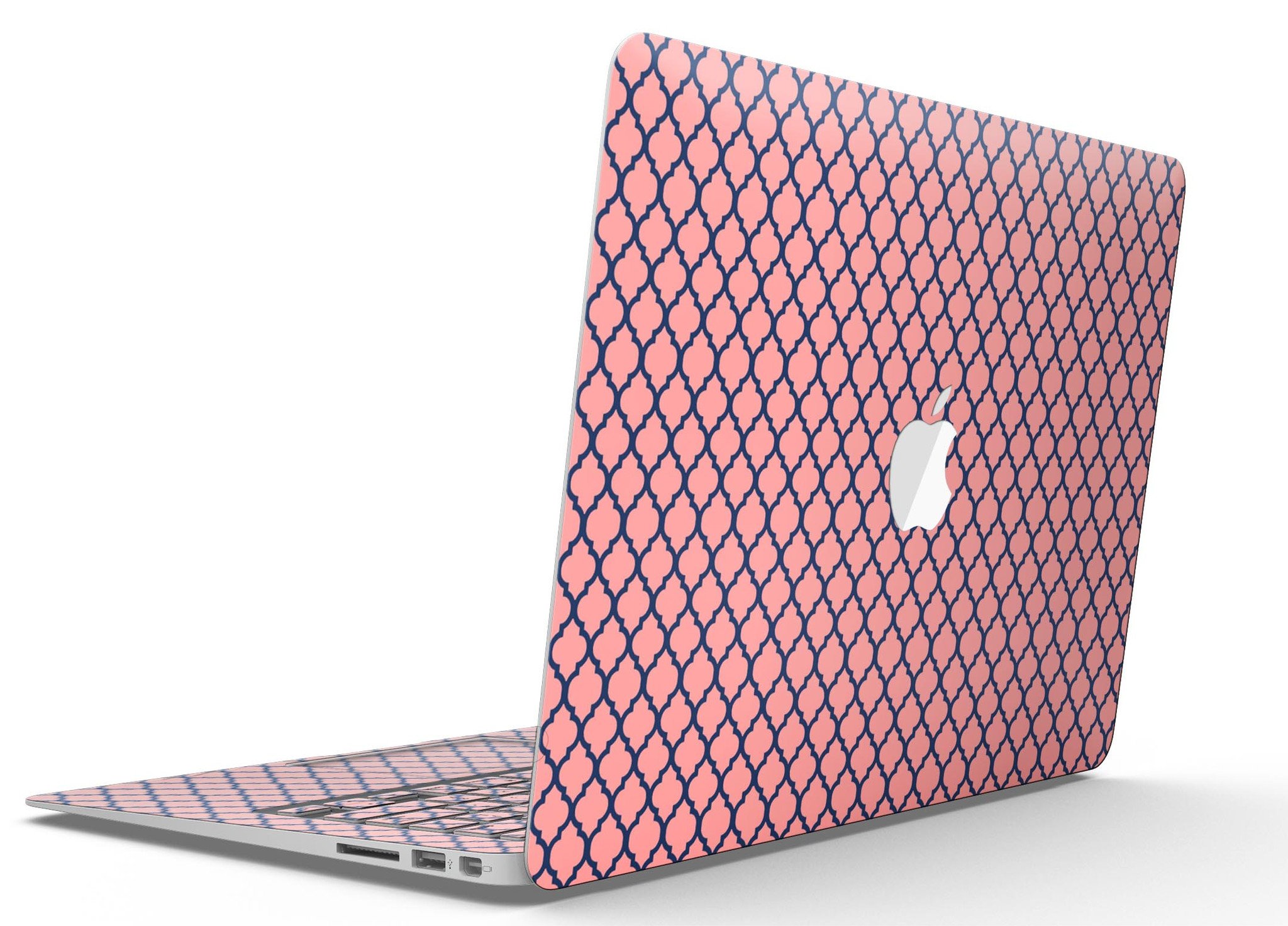 Coral and Moroccan patterned skin kit for MacBook Air, showcasing vibrant colors and intricate designs.