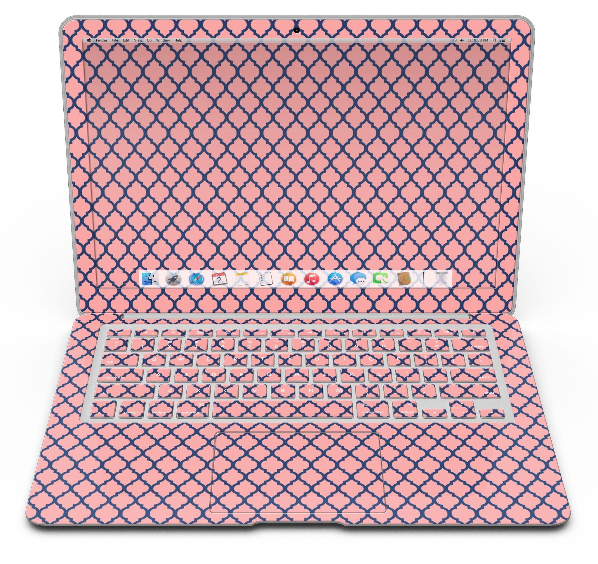 Coral and Moroccan patterned skin kit for MacBook Air, showcasing vibrant colors and intricate designs.