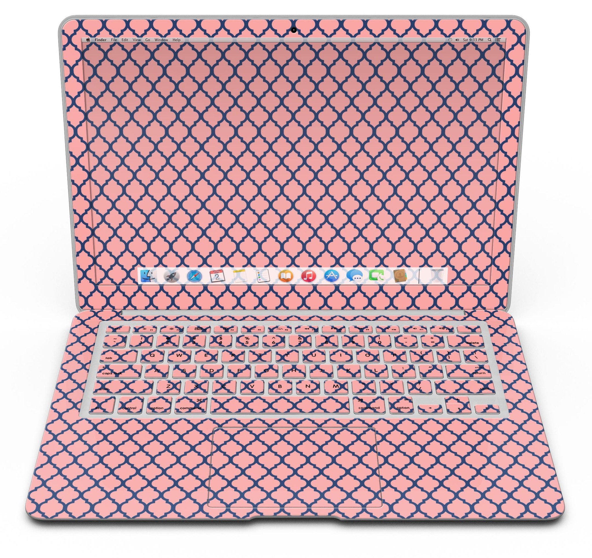 Coral and Moroccan patterned skin kit for MacBook Air, showcasing vibrant colors and intricate designs.