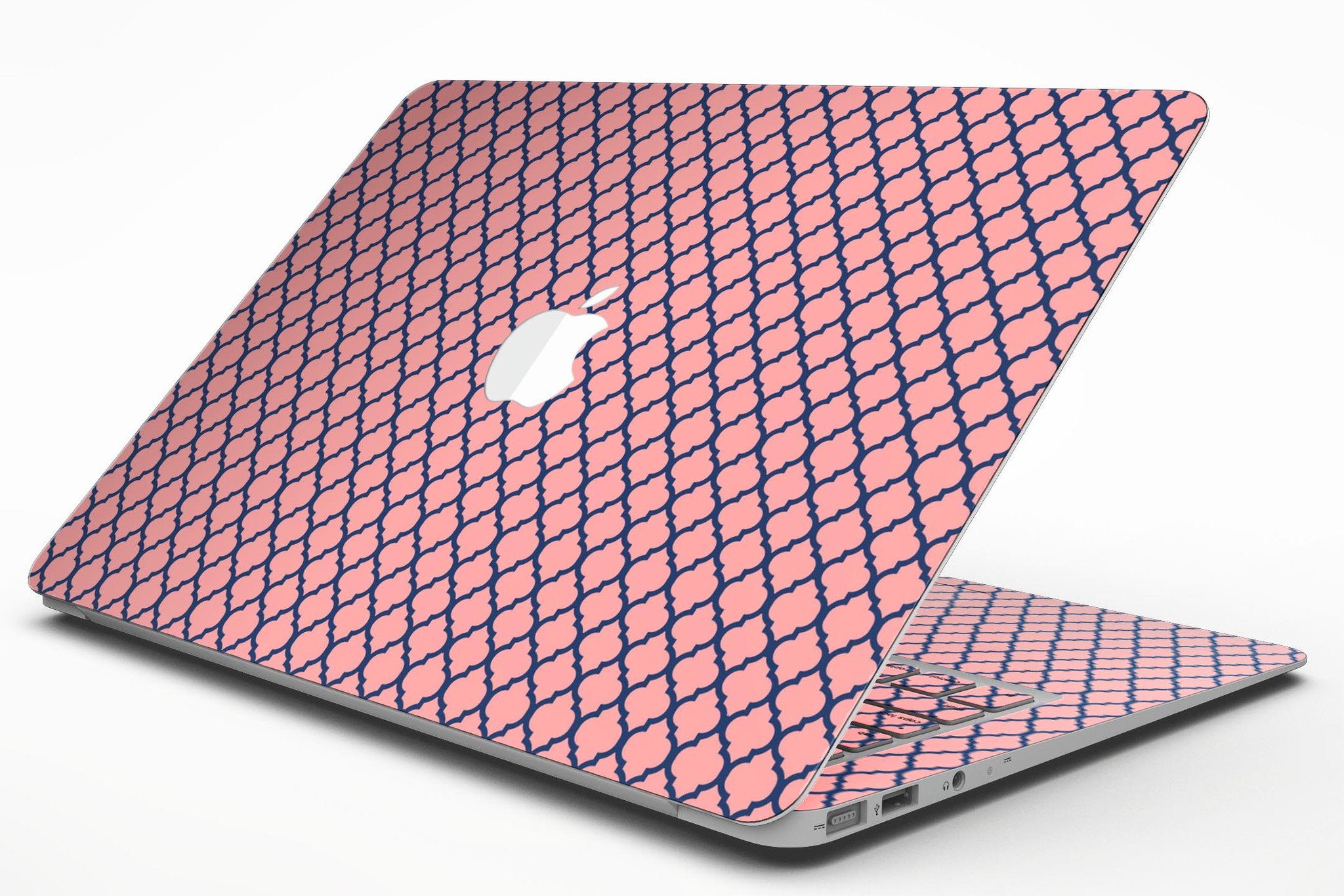 Coral and Moroccan patterned skin kit for MacBook Air, showcasing vibrant colors and intricate designs.