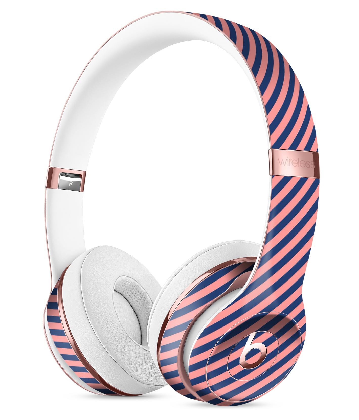 Coral and navy blue diagonal stripes skin kit for Beats by Dre Solo 3 Wireless Headphones, showcasing a stylish design and premium vinyl material.