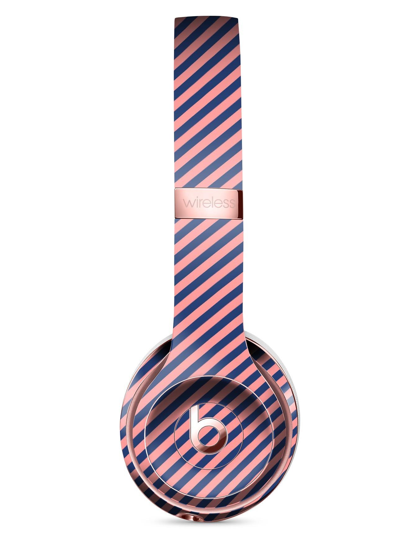 Coral and navy blue diagonal stripes skin kit for Beats by Dre Solo 3 Wireless Headphones, showcasing a stylish design and premium vinyl material.