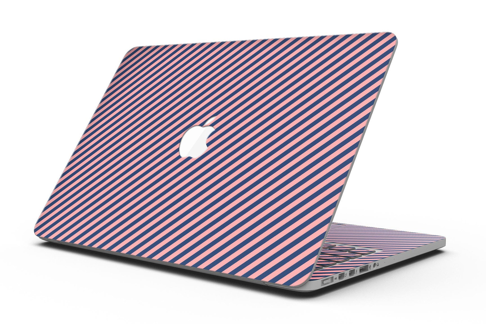 Coral and navy blue diagonal stripes skin for MacBook Pro with Retina Display, showcasing vibrant colors and sleek design.