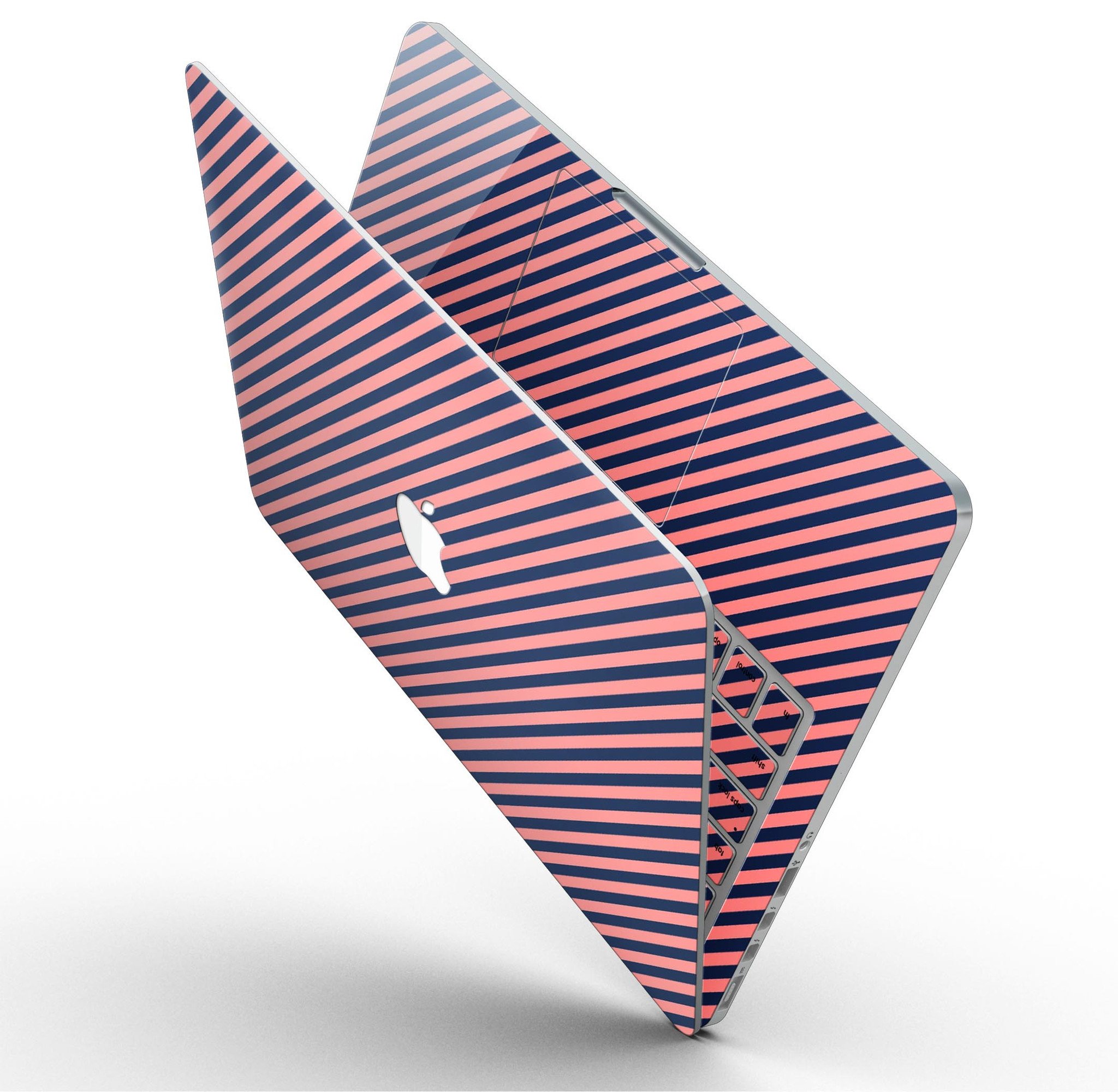 Coral and navy blue diagonal stripes skin for MacBook Pro with Retina Display, showcasing vibrant colors and sleek design.