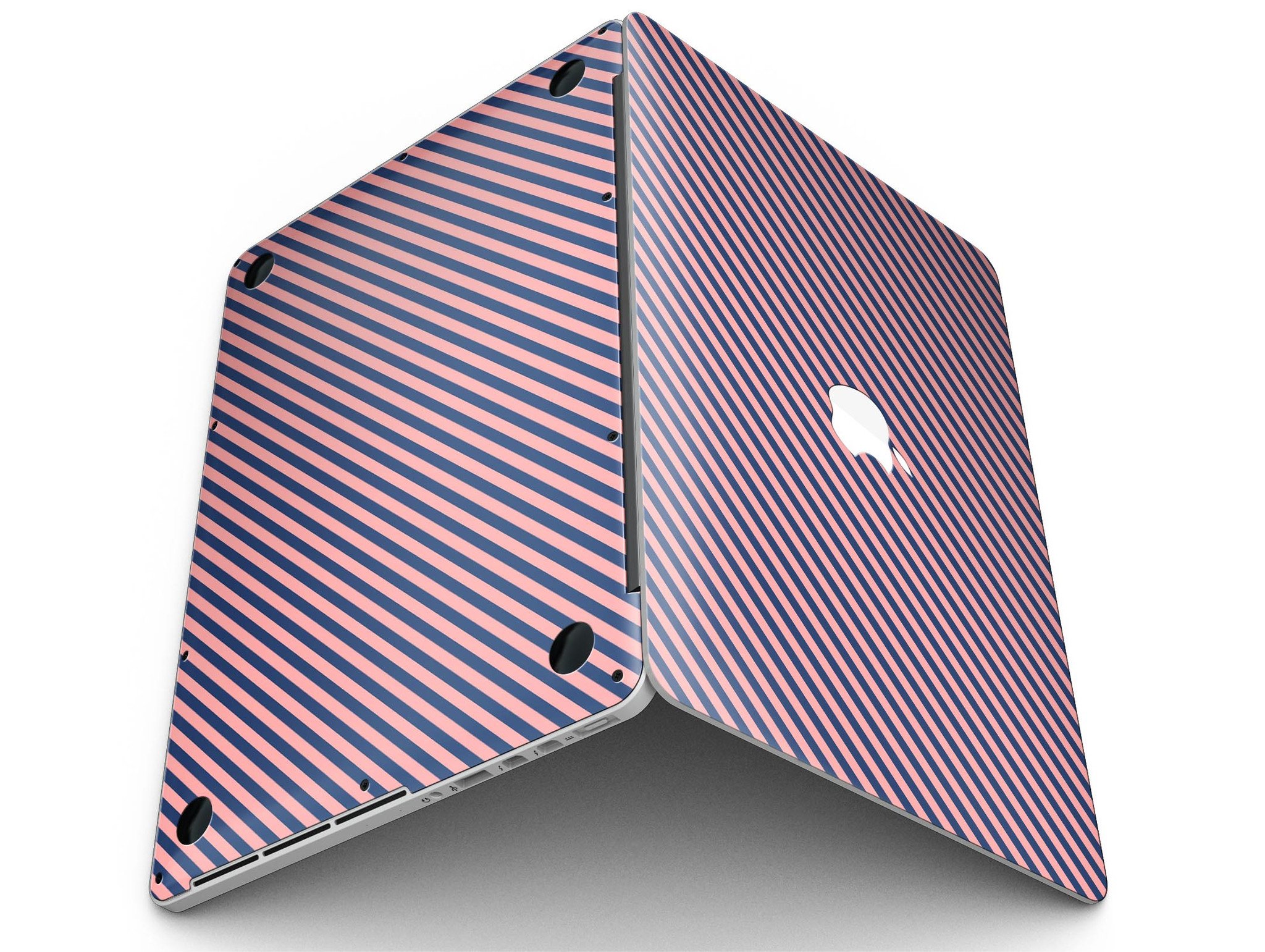 Coral and navy blue diagonal stripes skin for MacBook Pro with Retina Display, showcasing vibrant colors and sleek design.