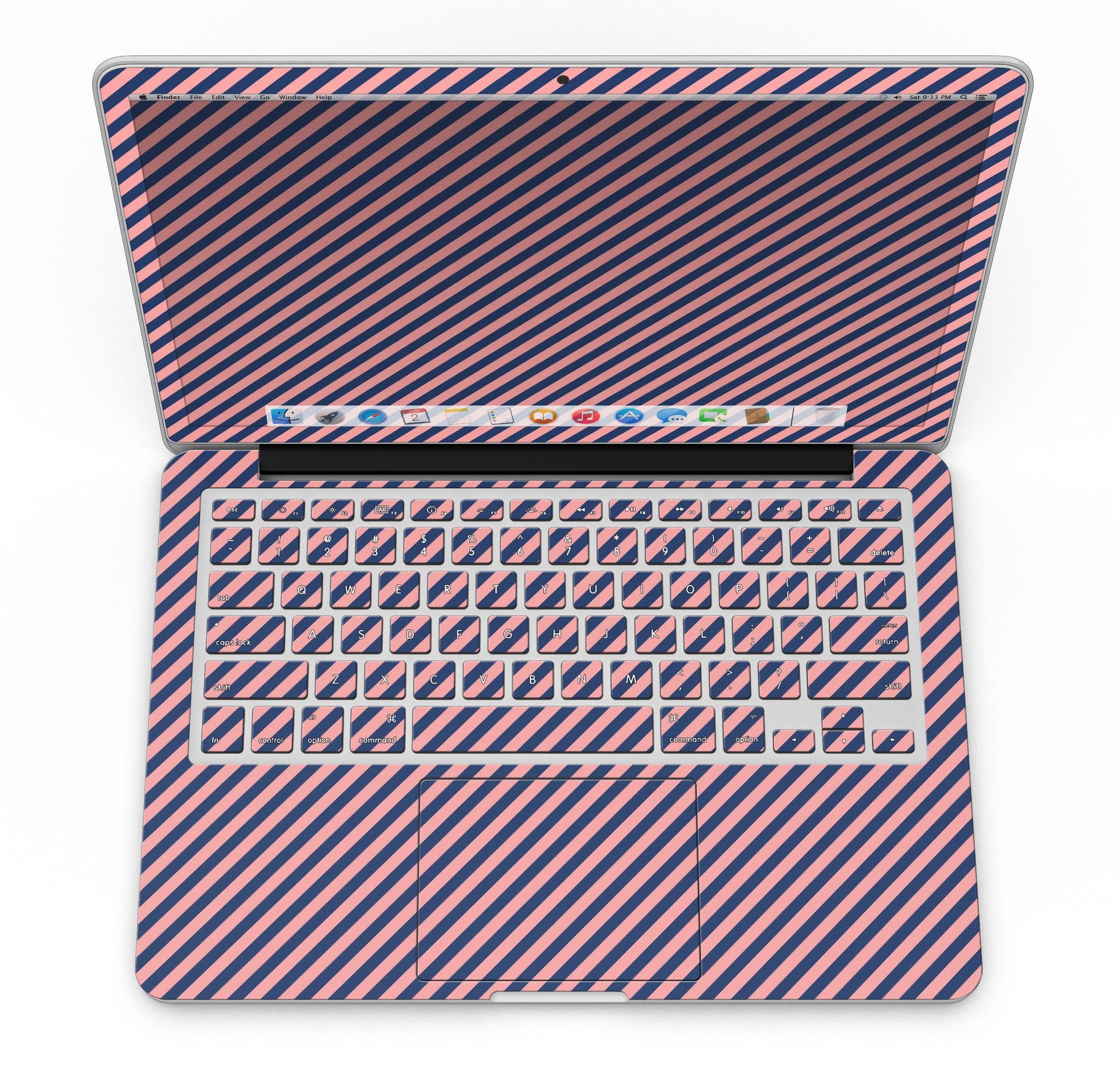 Coral and navy blue diagonal stripes skin for MacBook Pro with Retina Display, showcasing vibrant colors and sleek design.