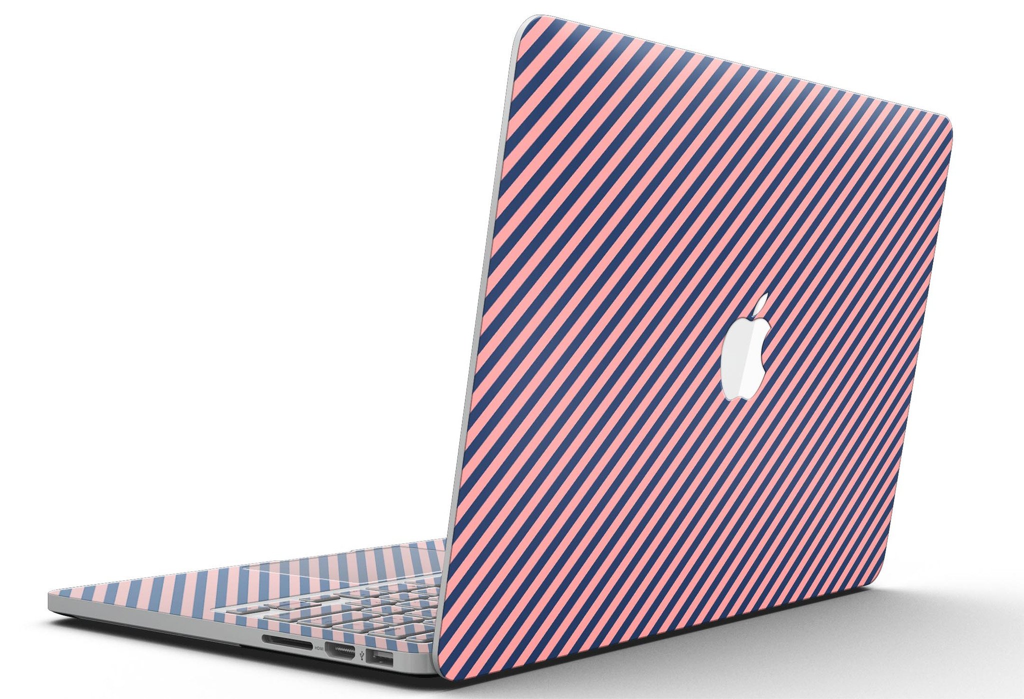 Coral and navy blue diagonal stripes skin for MacBook Pro with Retina Display, showcasing vibrant colors and sleek design.