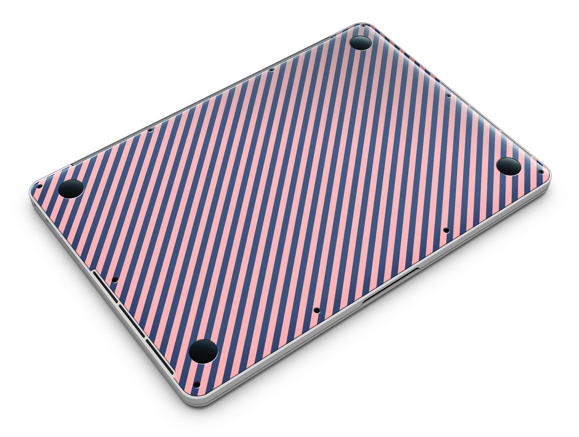 Coral and navy blue diagonal stripes skin for MacBook Pro with Retina Display, showcasing vibrant colors and sleek design.