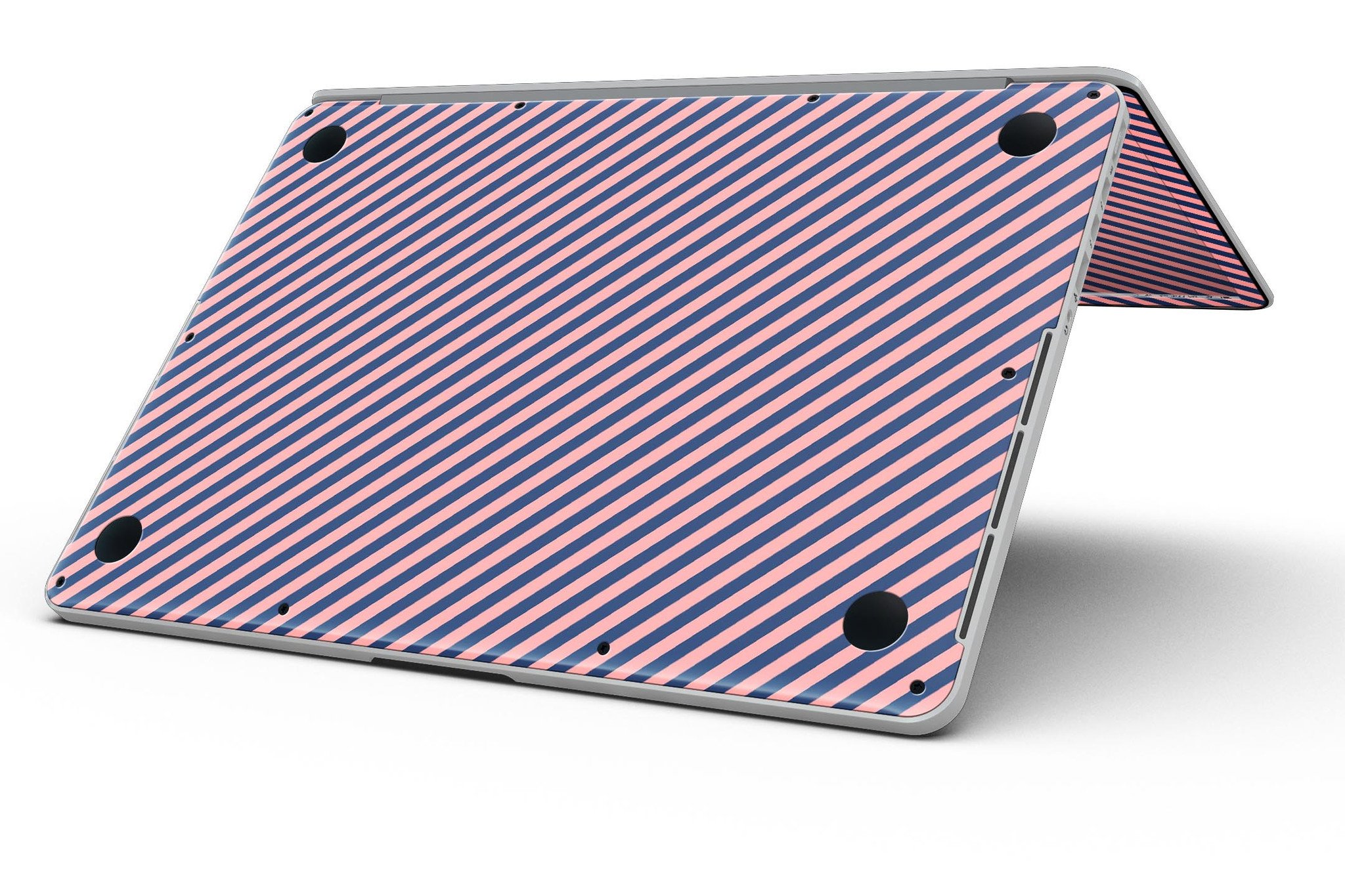 Coral and navy blue diagonal stripes skin for MacBook Pro with Retina Display, showcasing vibrant colors and sleek design.