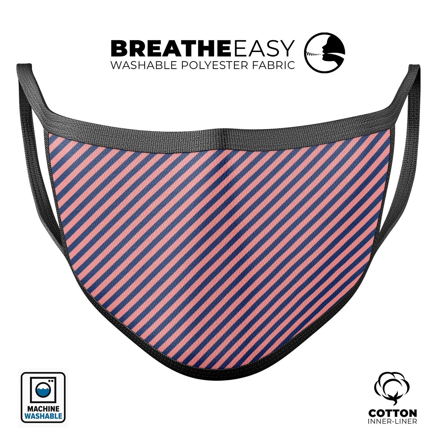 Coral and navy blue diagonal stripes reusable mouth cover, made in the USA, featuring adjustable ear loops and soft cotton interior.