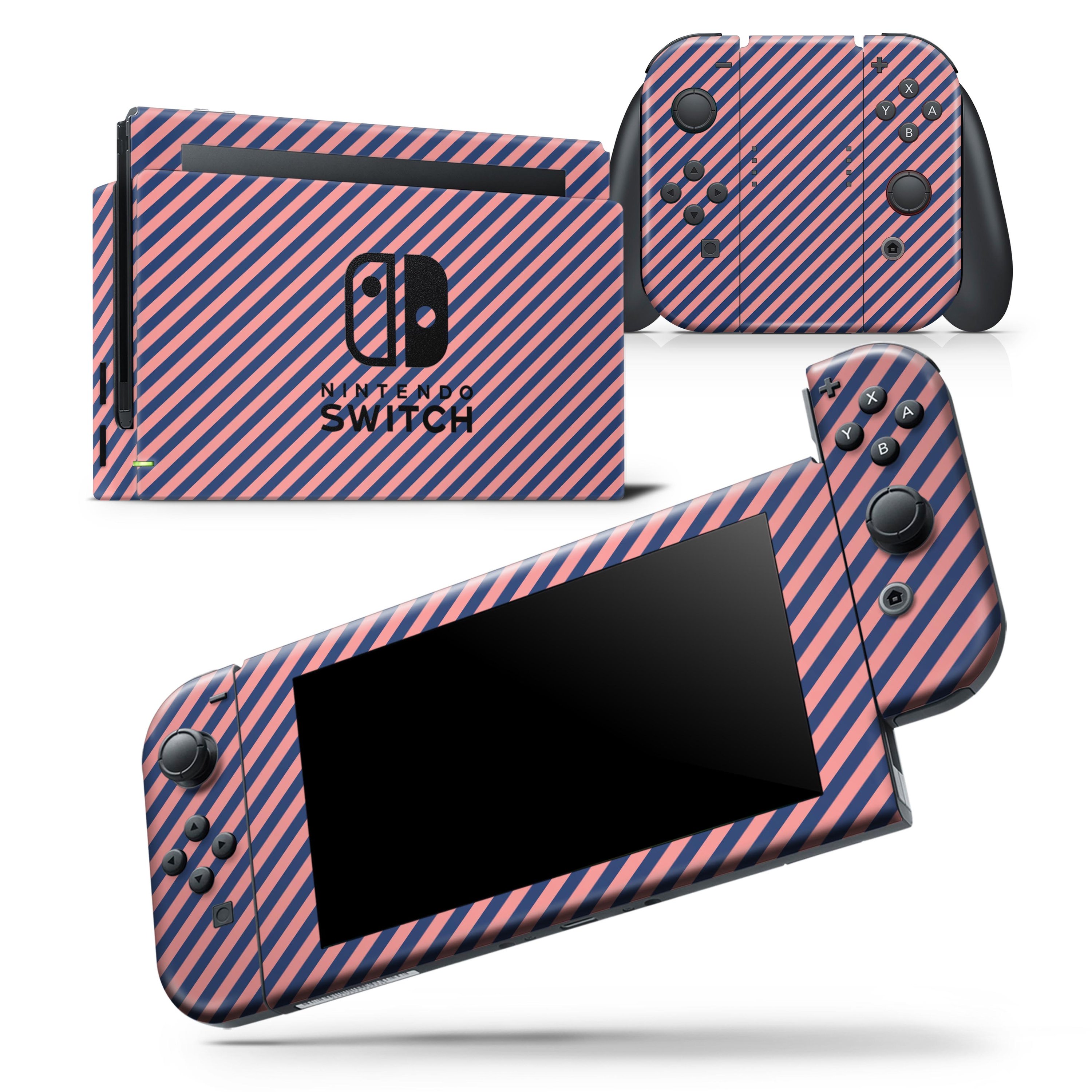 Coral and navy blue diagonal stripes skin wrap decal for Nintendo Switch, showcasing a stylish design that fits snugly on the console and controllers.