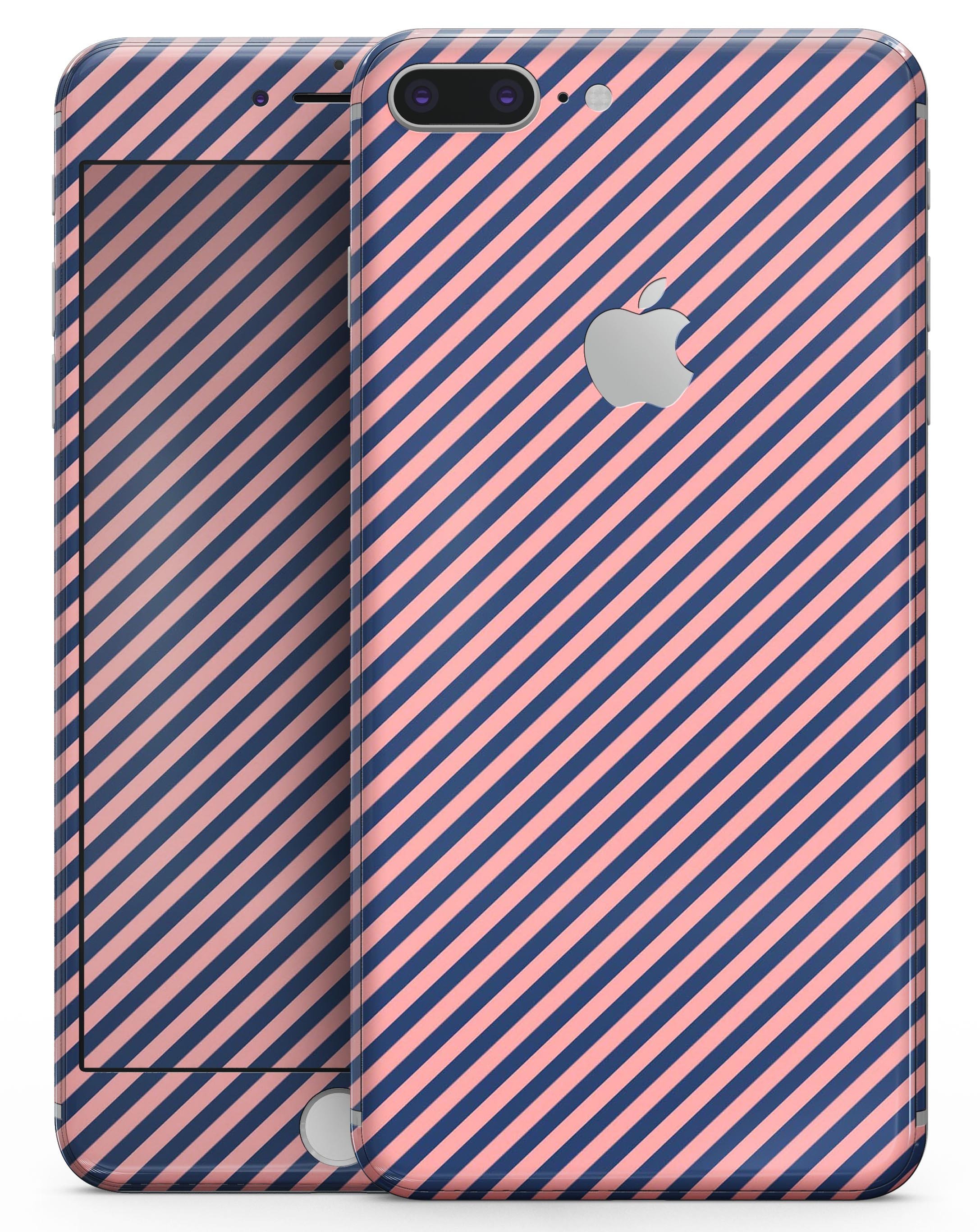 Coral and navy blue diagonal stripes skin for iPhone 8 and 8 Plus, showcasing a stylish design that enhances device appearance.