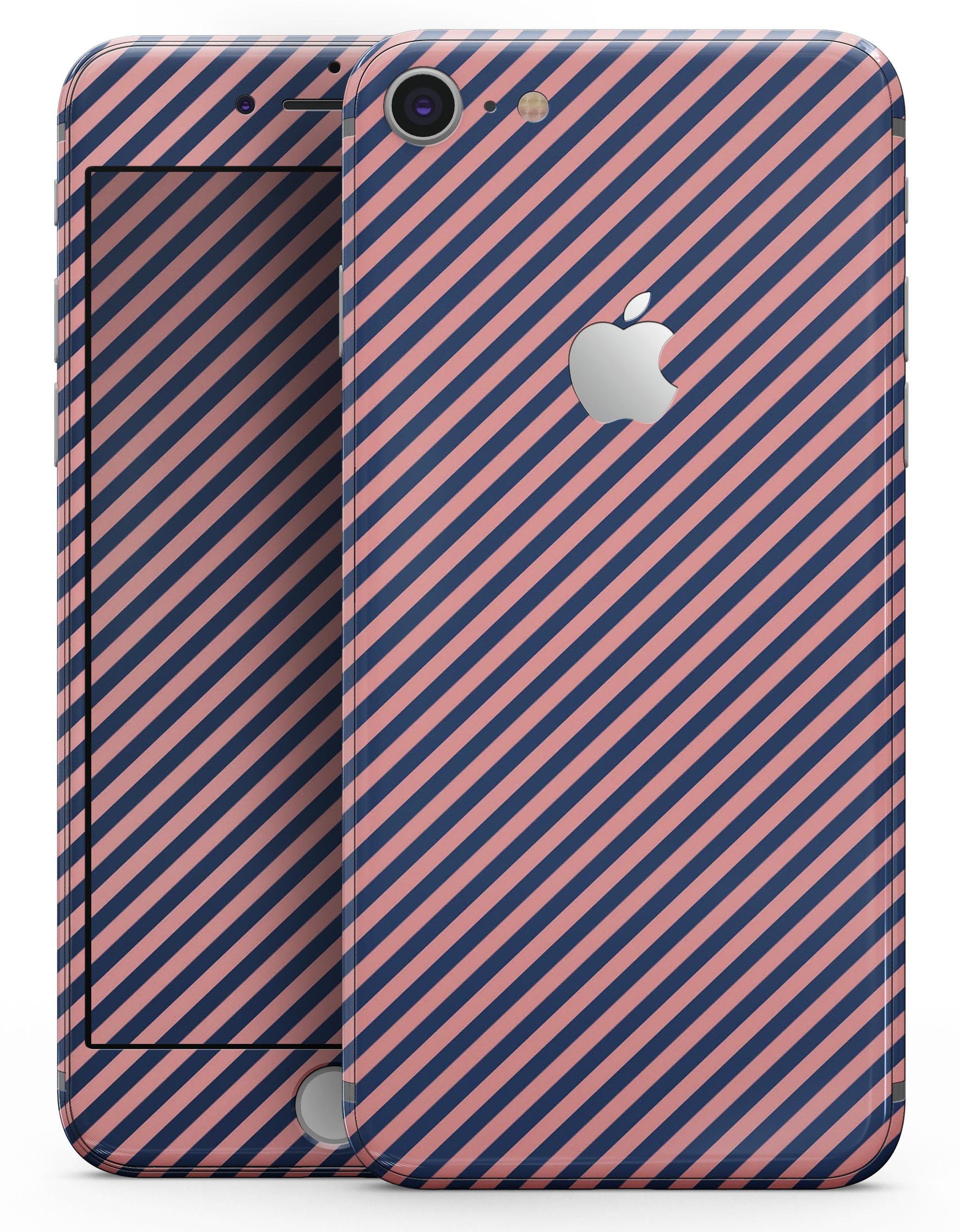 Coral and navy blue diagonal stripes skin for iPhone 8 and 8 Plus, showcasing a stylish design that enhances device appearance.