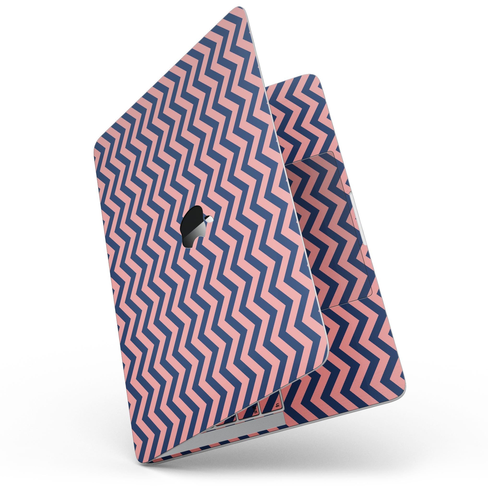 Coral and navy chevron pattern skin for 13" MacBook Pro without Touch Bar, showcasing vibrant colors and stylish design.