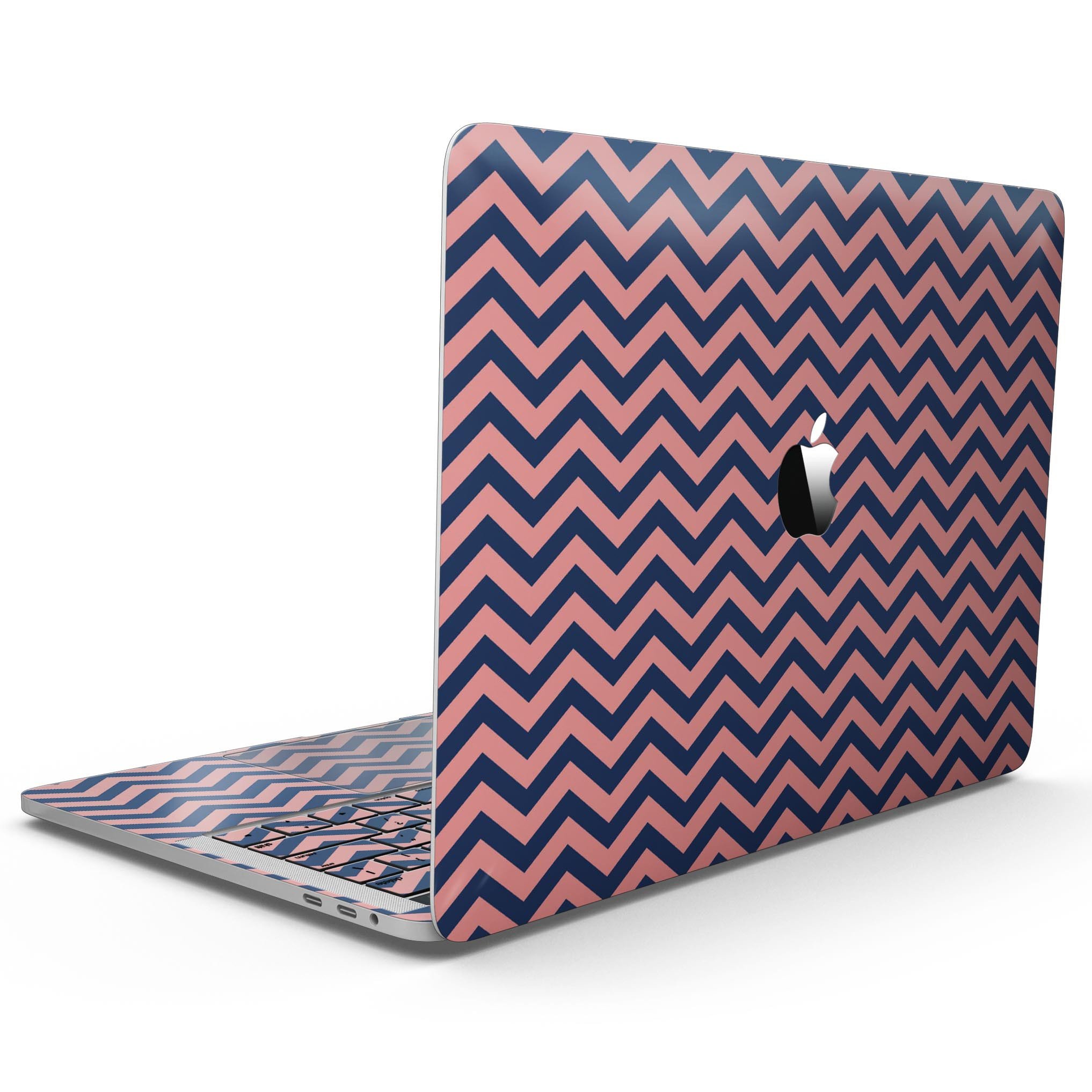 Coral and navy chevron pattern skin for 13" MacBook Pro without Touch Bar, showcasing vibrant colors and stylish design.