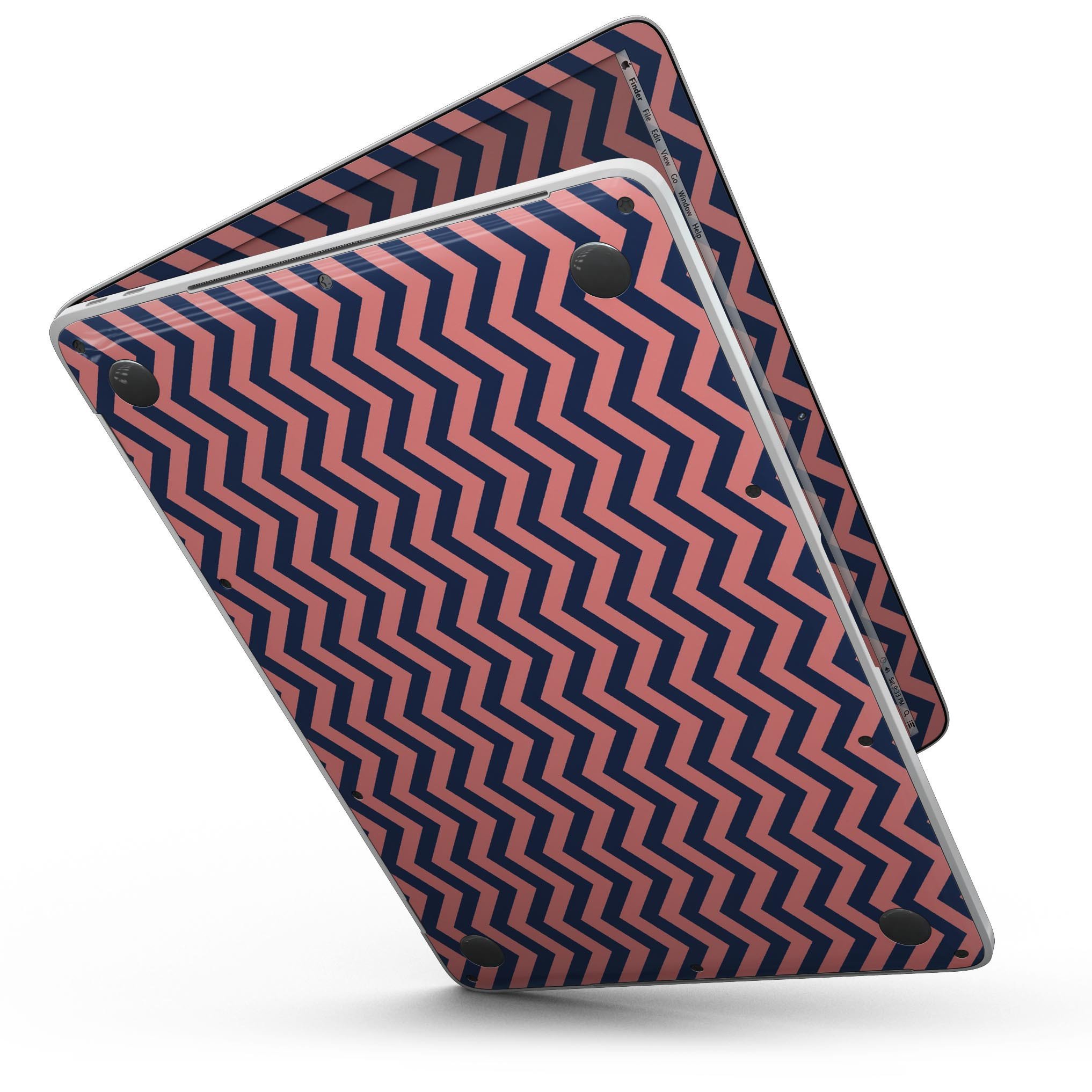 Coral and navy chevron pattern skin for 13" MacBook Pro without Touch Bar, showcasing vibrant colors and stylish design.