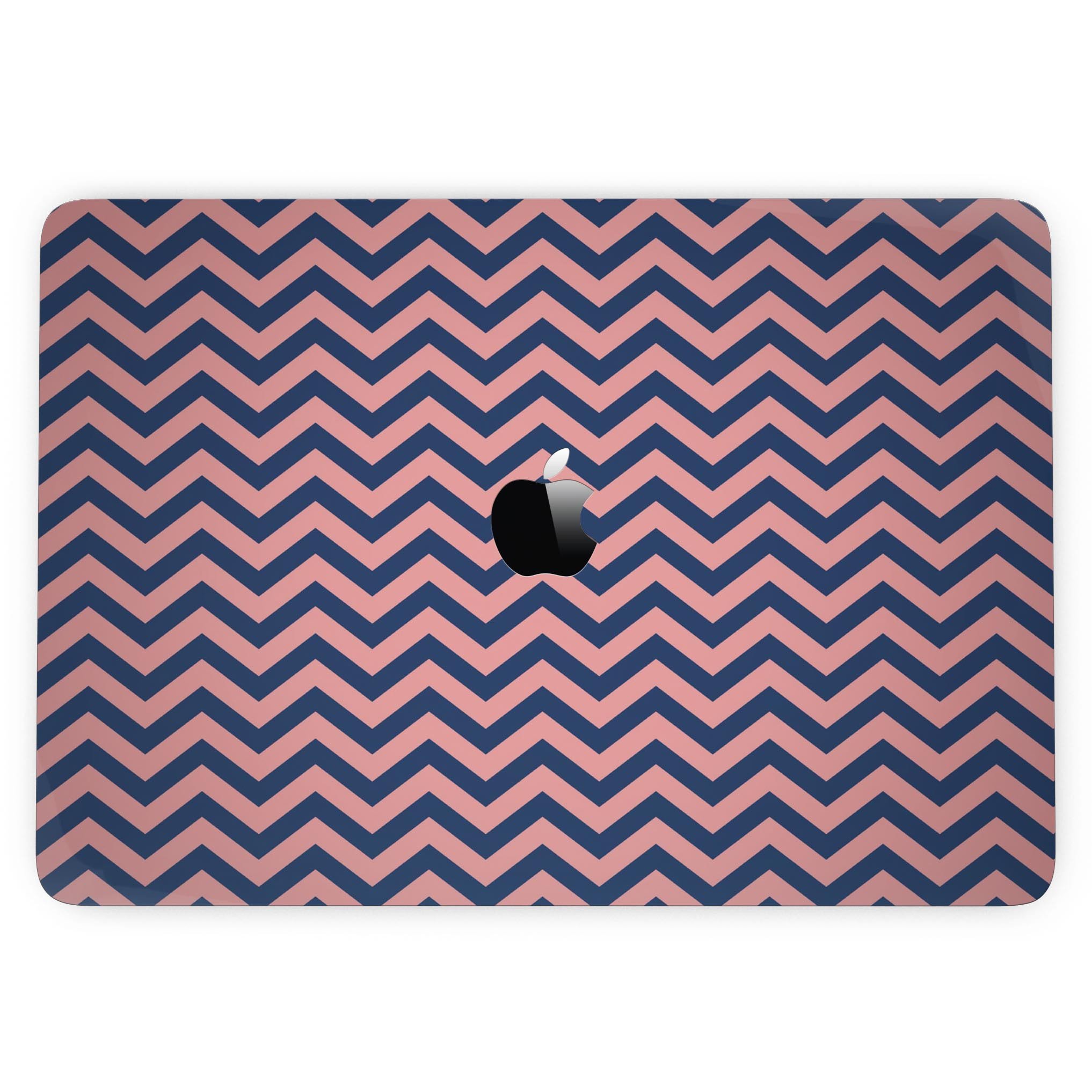 Coral and navy chevron pattern skin for 13" MacBook Pro without Touch Bar, showcasing vibrant colors and stylish design.