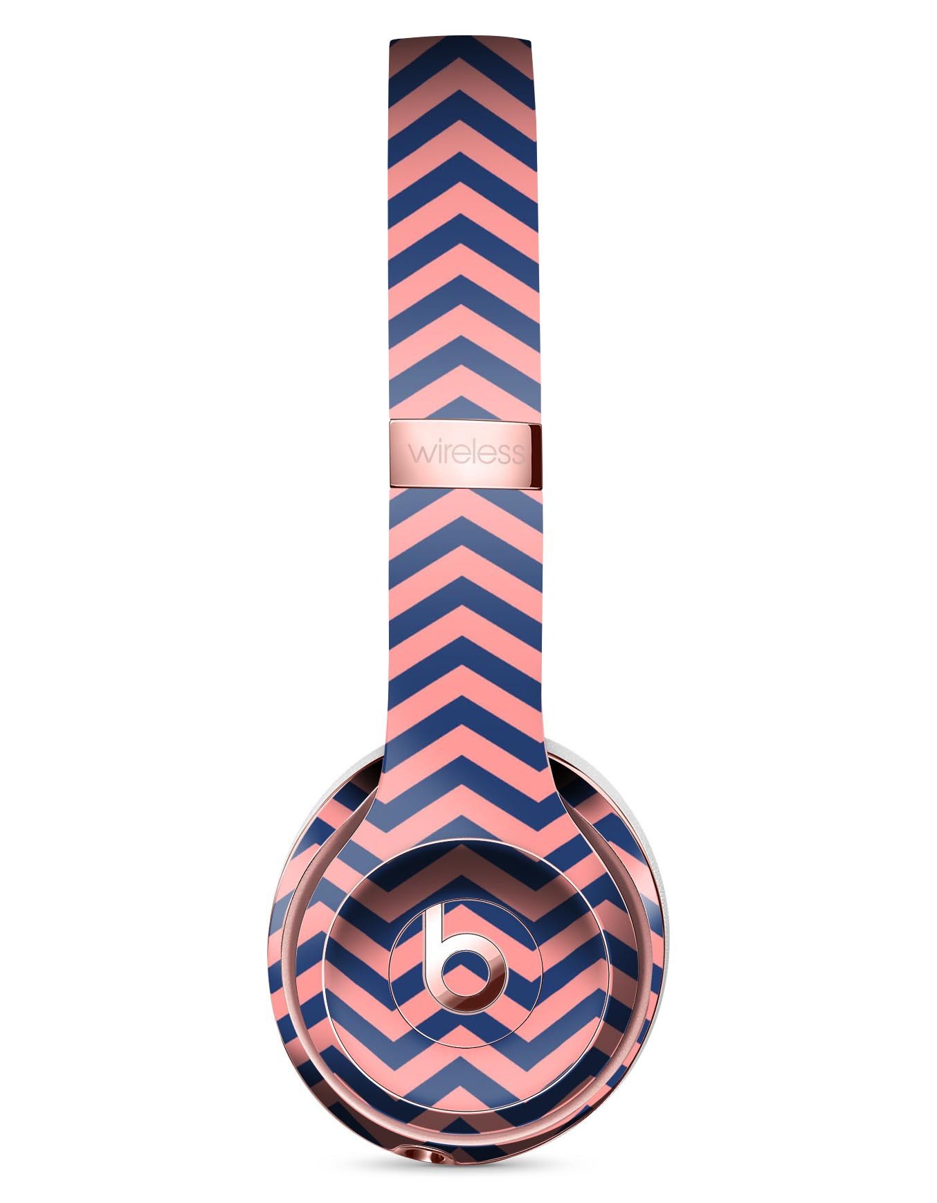 Coral and navy chevron pattern skin kit for Beats by Dre Solo 3 Wireless headphones, showcasing vibrant colors and stylish design.