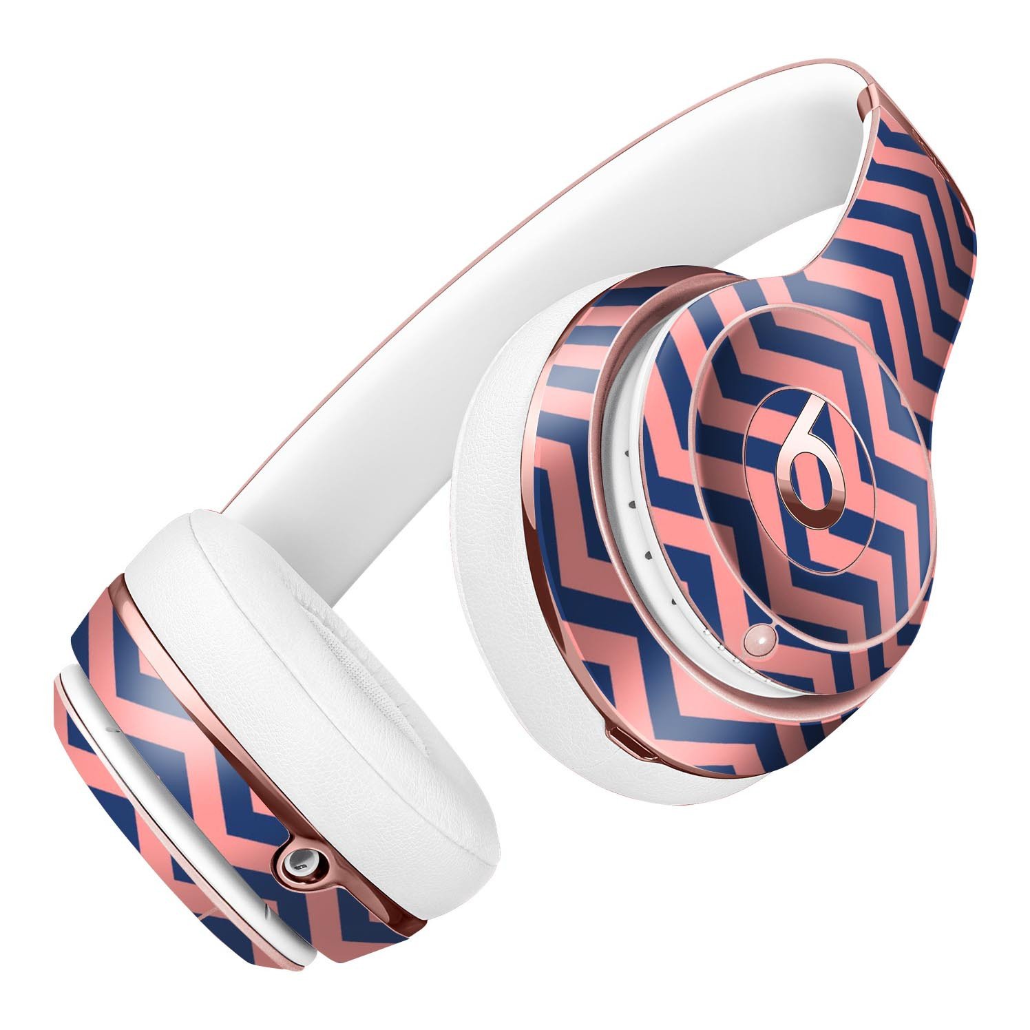 Coral and navy chevron pattern skin kit for Beats by Dre Solo 3 Wireless headphones, showcasing vibrant colors and stylish design.