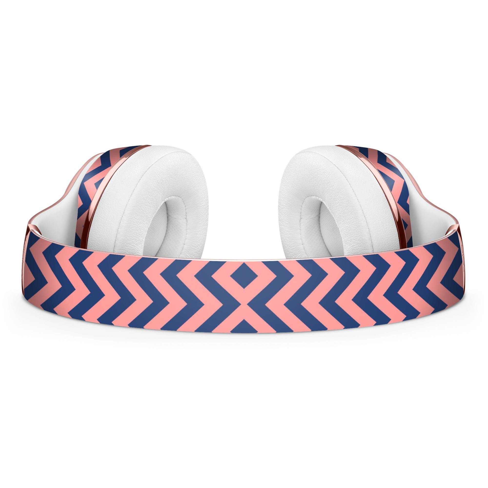 Coral and navy chevron pattern skin kit for Beats by Dre Solo 3 Wireless headphones, showcasing vibrant colors and stylish design.