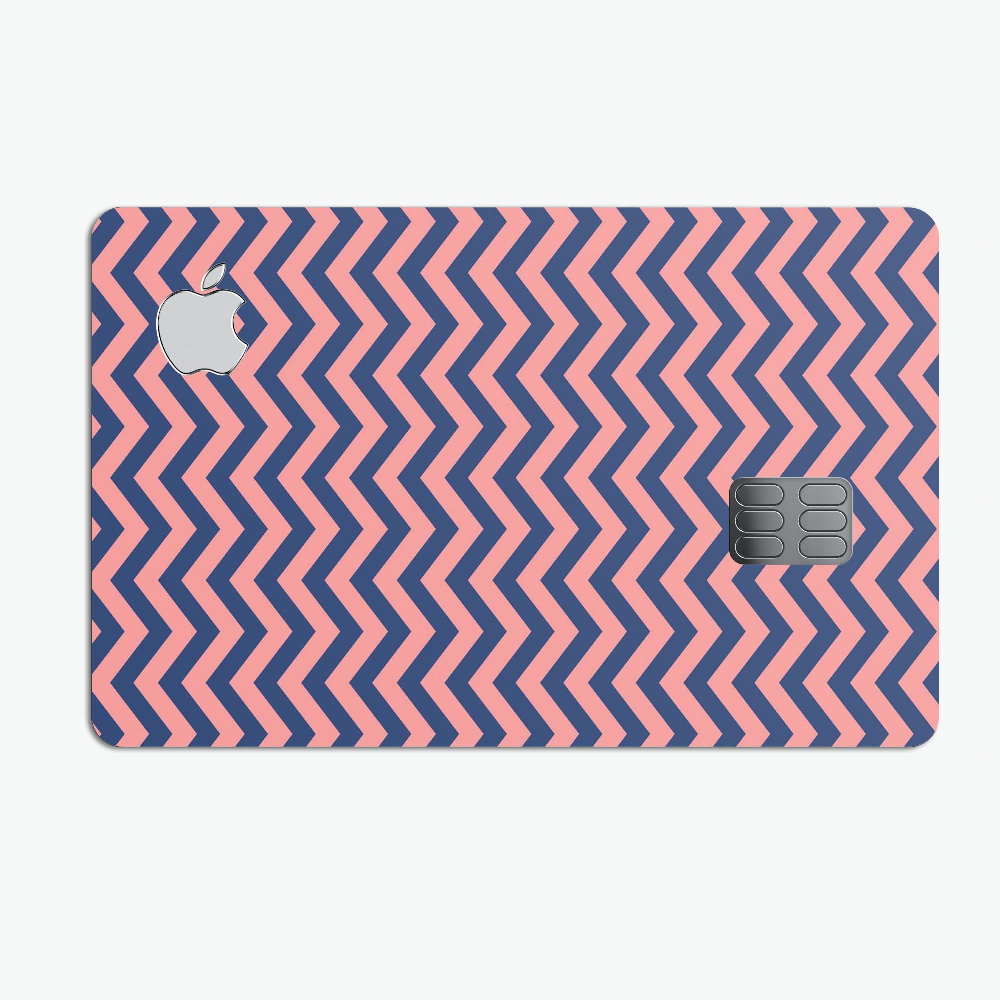 Coral and Navy Chevron Pattern skin for Apple Card, showcasing a stylish design with premium vinyl material.