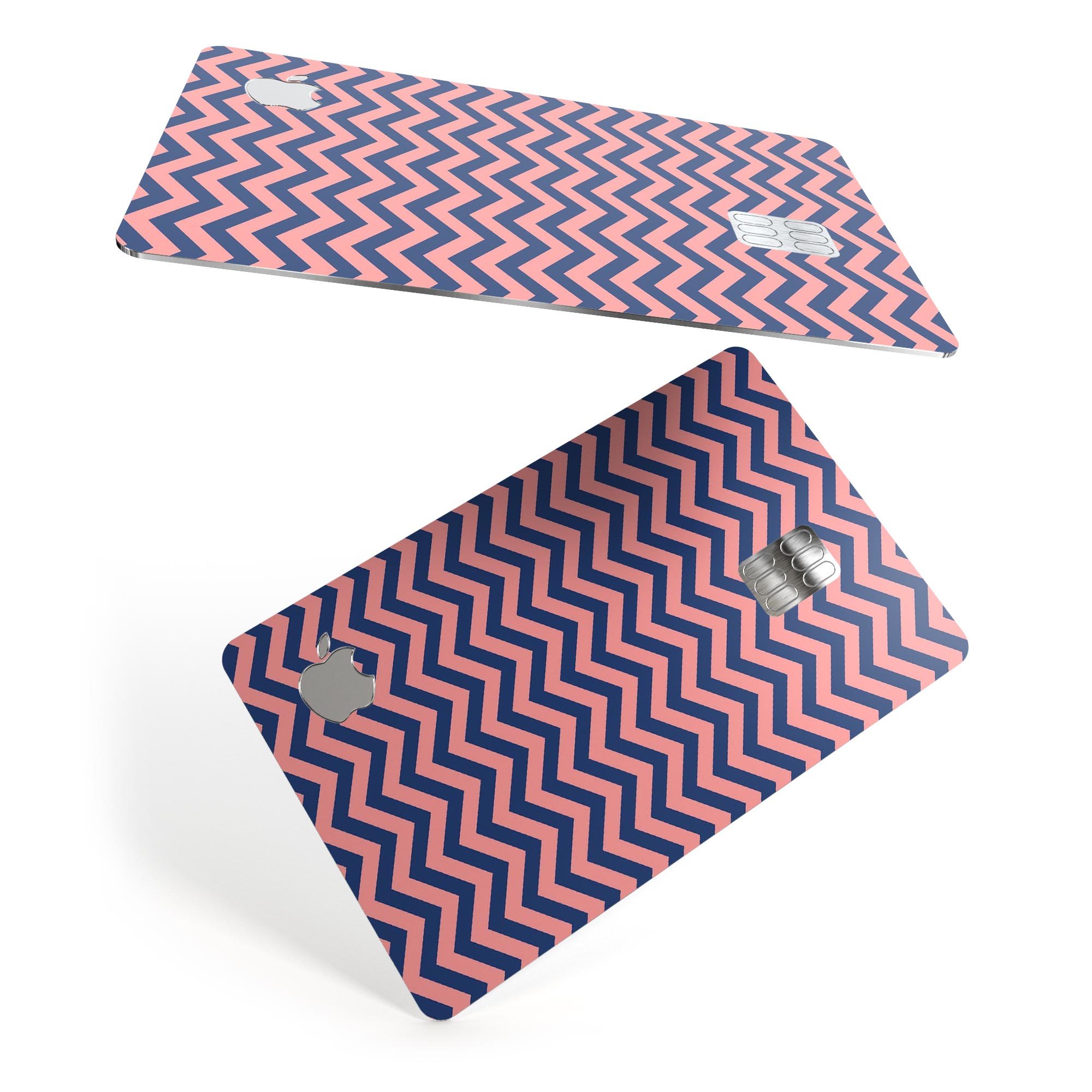 Coral and Navy Chevron Pattern skin for Apple Card, showcasing a stylish design with premium vinyl material.