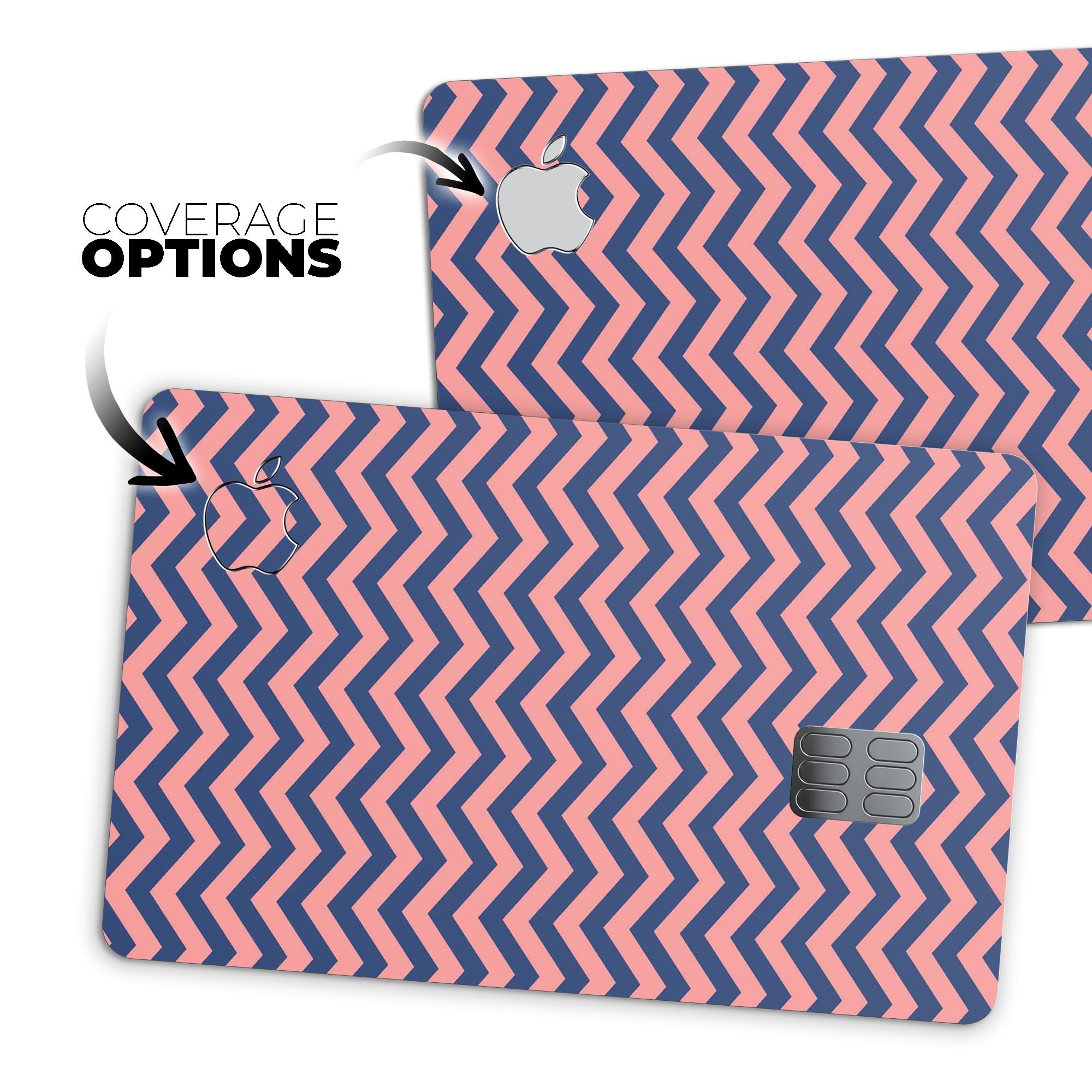 Coral and Navy Chevron Pattern skin for Apple Card, showcasing a stylish design with premium vinyl material.