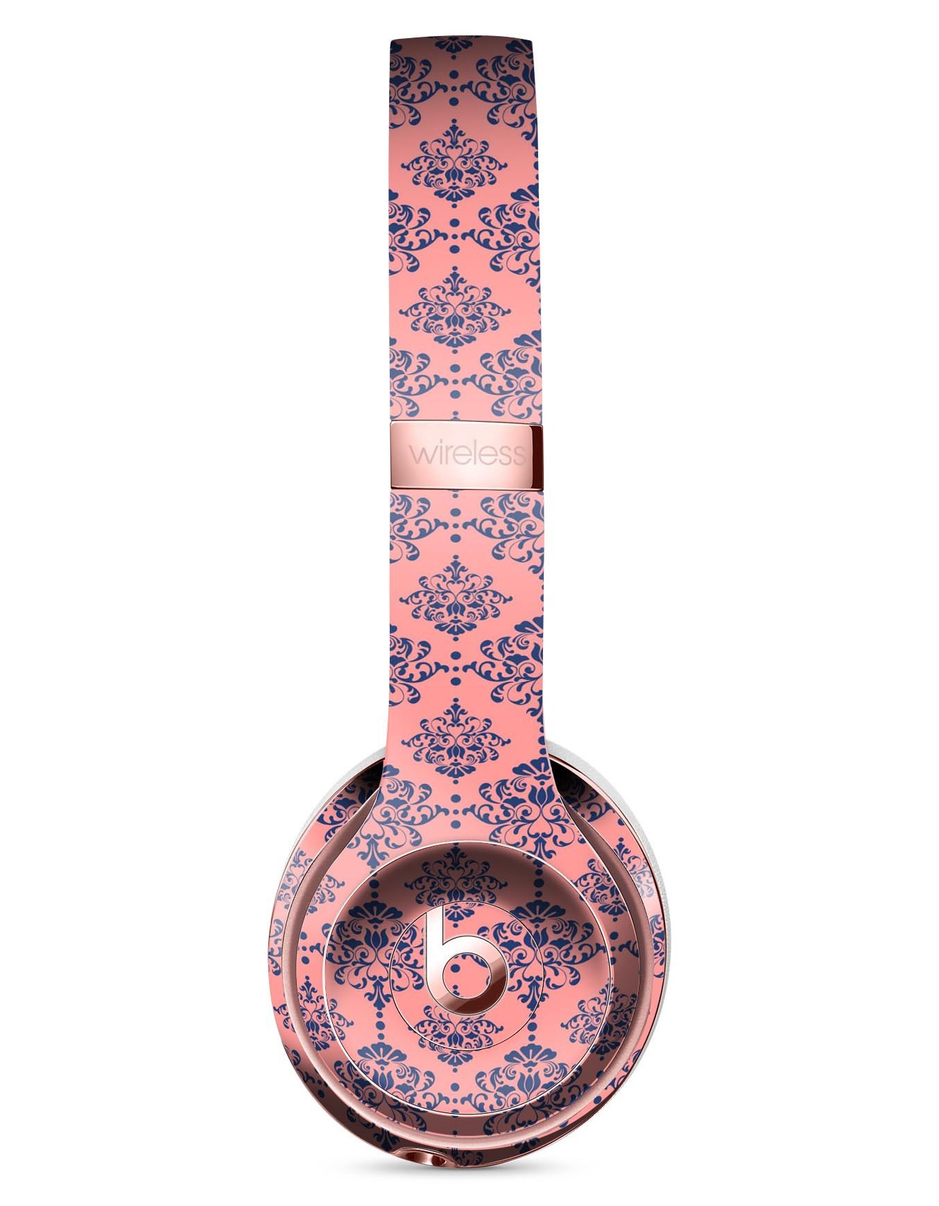 Coral and Navy Damask Pattern skin kit for Beats by Dre Solo 3 Wireless Headphones, showcasing vibrant colors and intricate design.