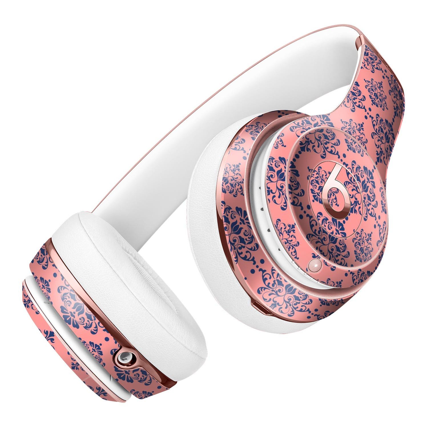 Coral and Navy Damask Pattern skin kit for Beats by Dre Solo 3 Wireless Headphones, showcasing vibrant colors and intricate design.