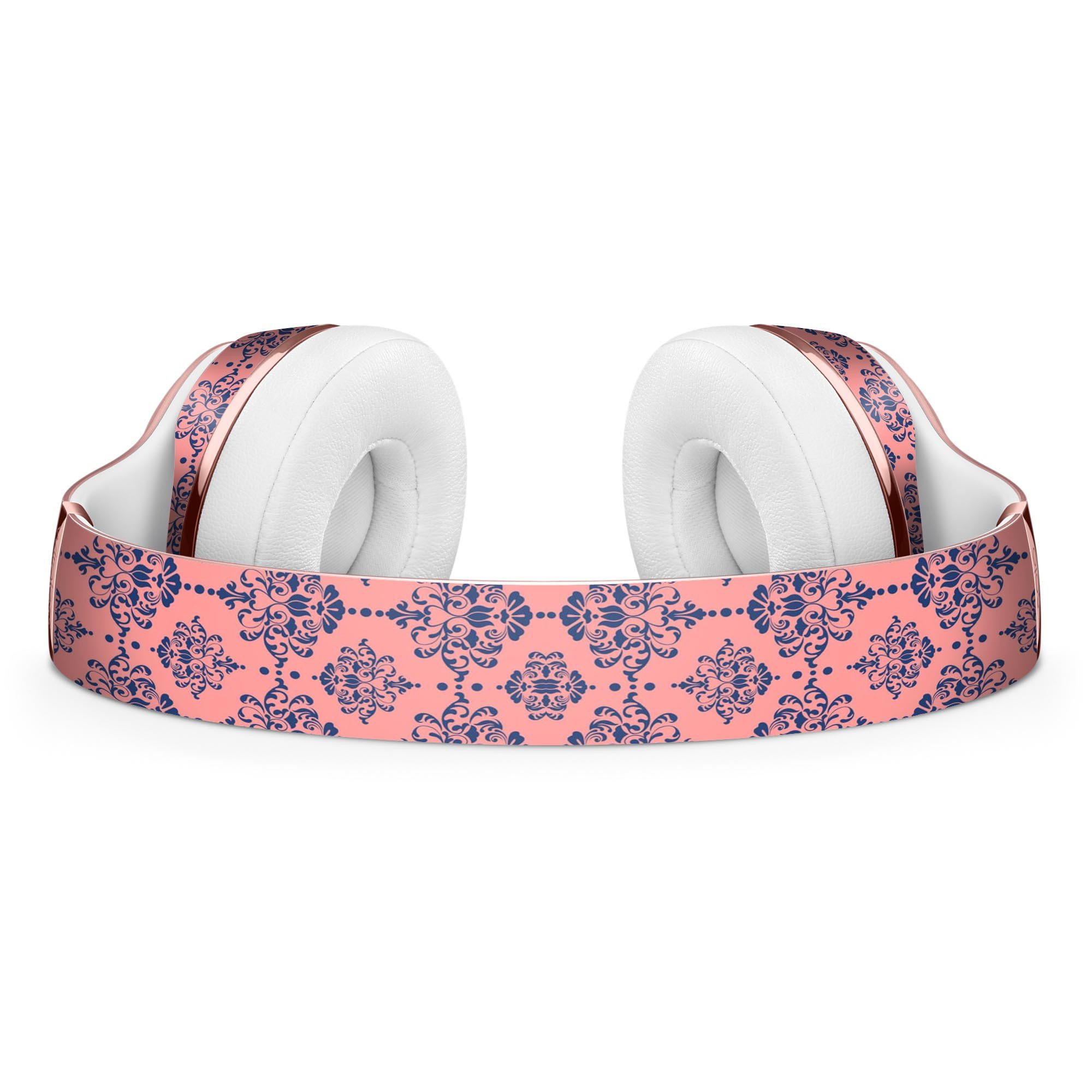 Coral and Navy Damask Pattern skin kit for Beats by Dre Solo 3 Wireless Headphones, showcasing vibrant colors and intricate design.