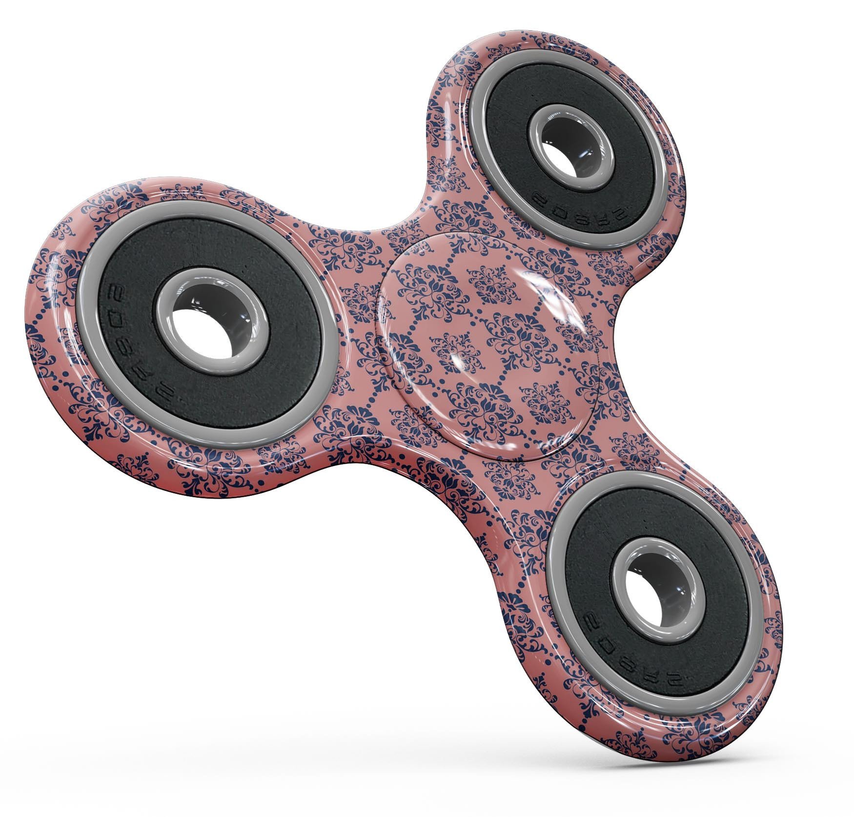 Coral and Navy Damask Pattern Full-Body Fidget Spinner Skin-Kit showcasing vibrant colors and intricate design.