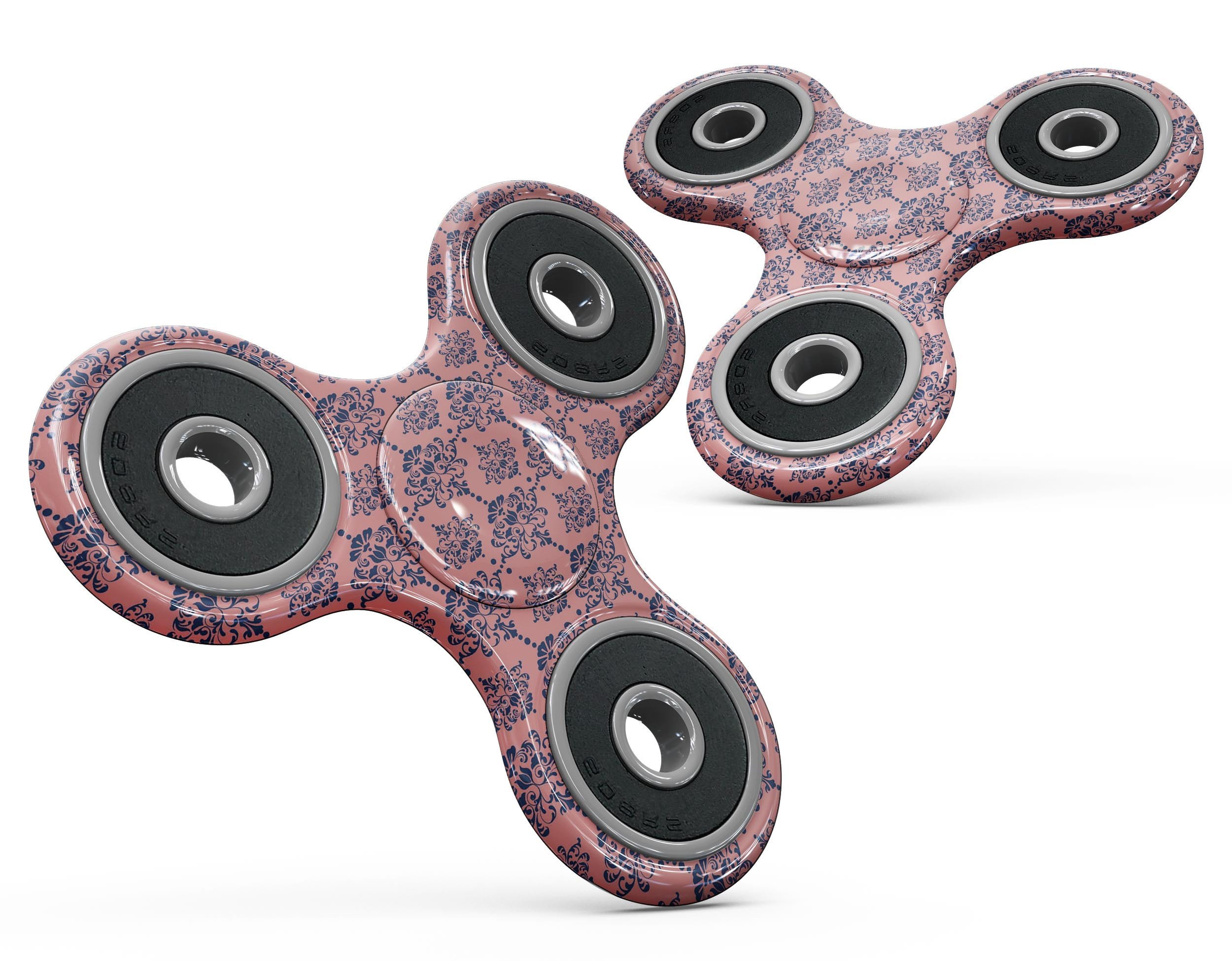 Coral and Navy Damask Pattern Full-Body Fidget Spinner Skin-Kit showcasing vibrant colors and intricate design.