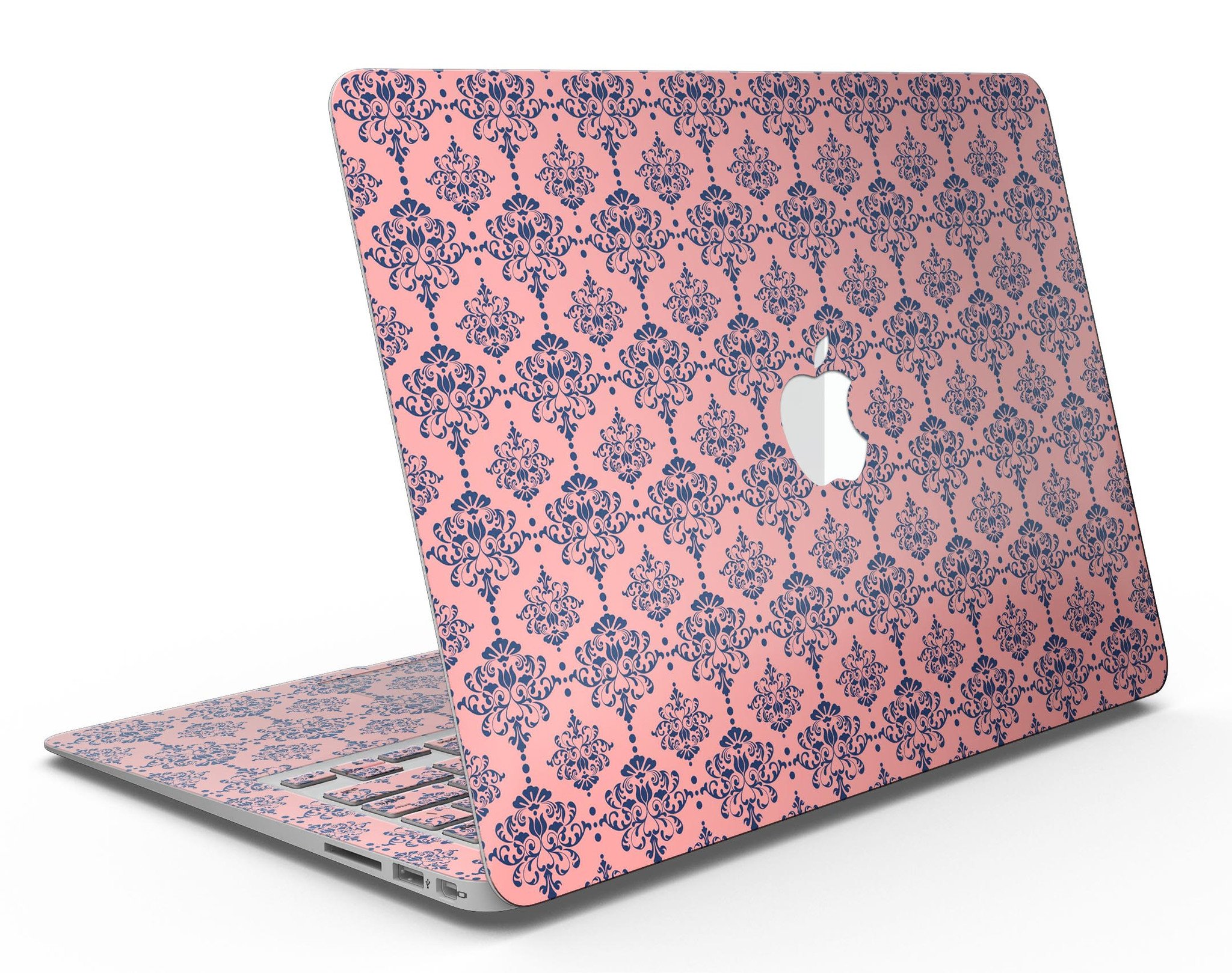 Coral and Navy Damask Pattern MacBook Air Skin Kit showcasing stylish design and premium vinyl material.