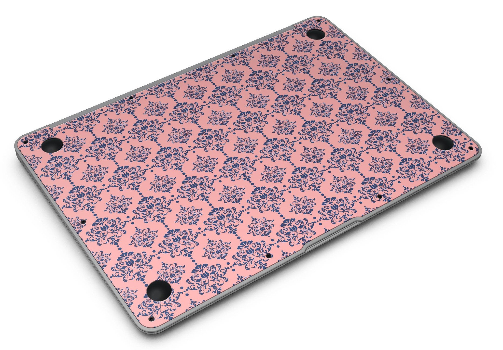 Coral and Navy Damask Pattern MacBook Air Skin Kit showcasing stylish design and premium vinyl material.