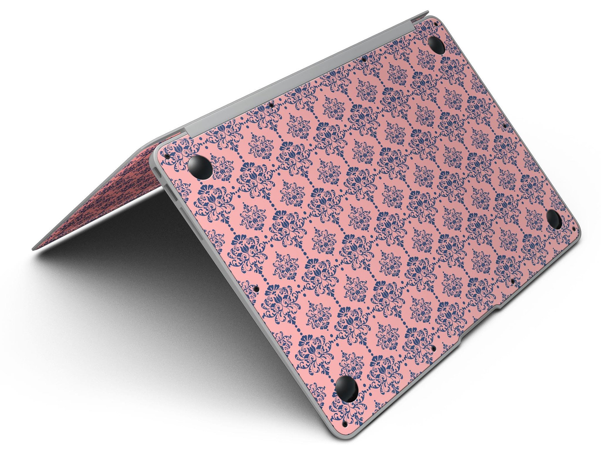 Coral and Navy Damask Pattern MacBook Air Skin Kit showcasing stylish design and premium vinyl material.