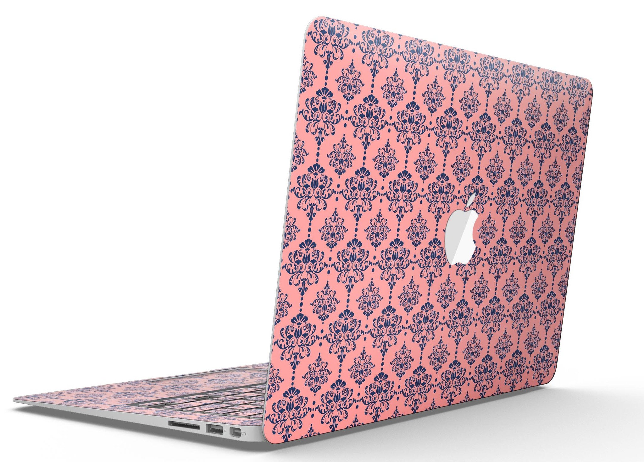 Coral and Navy Damask Pattern MacBook Air Skin Kit showcasing stylish design and premium vinyl material.