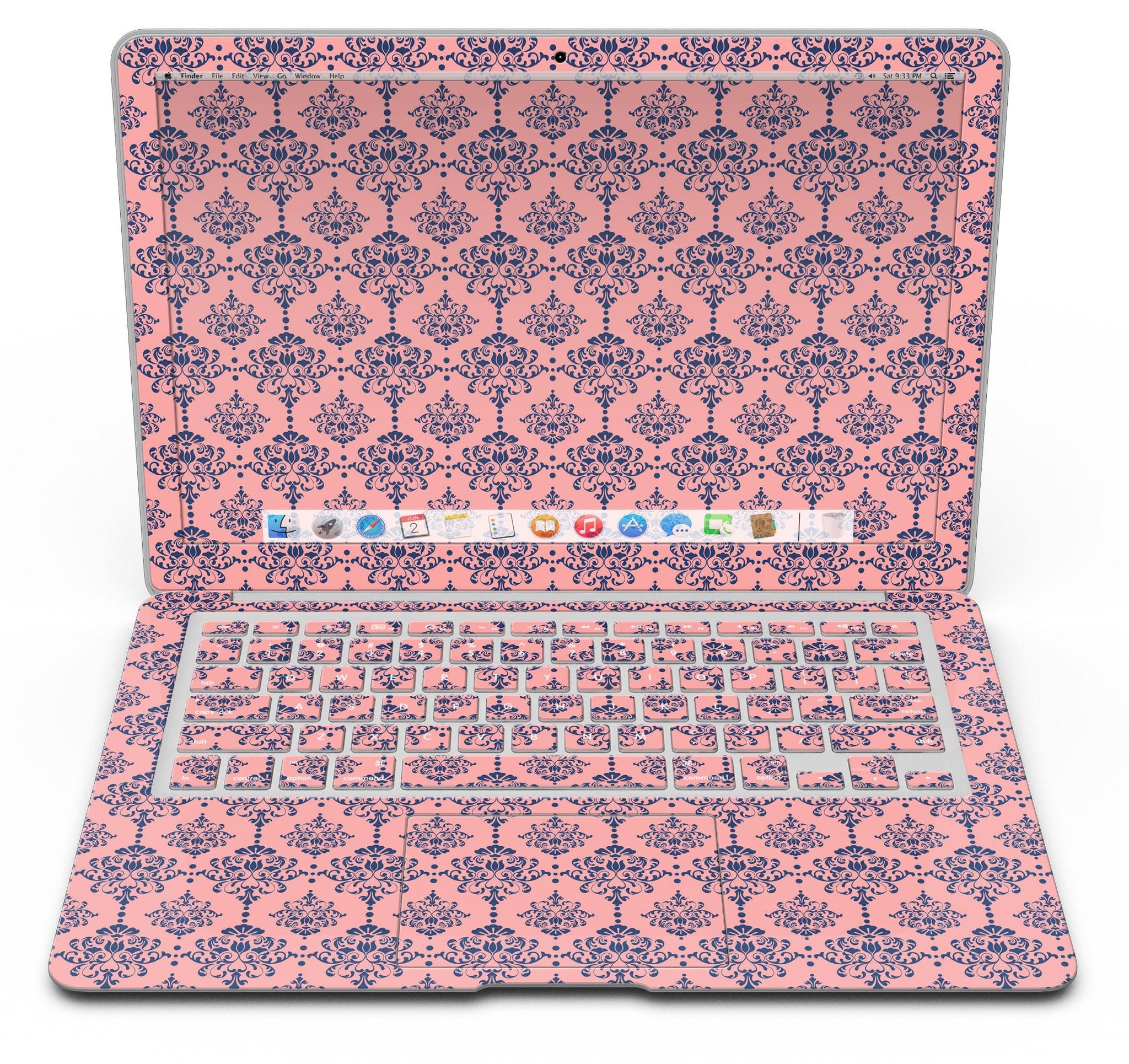 Coral and Navy Damask Pattern MacBook Air Skin Kit showcasing stylish design and premium vinyl material.