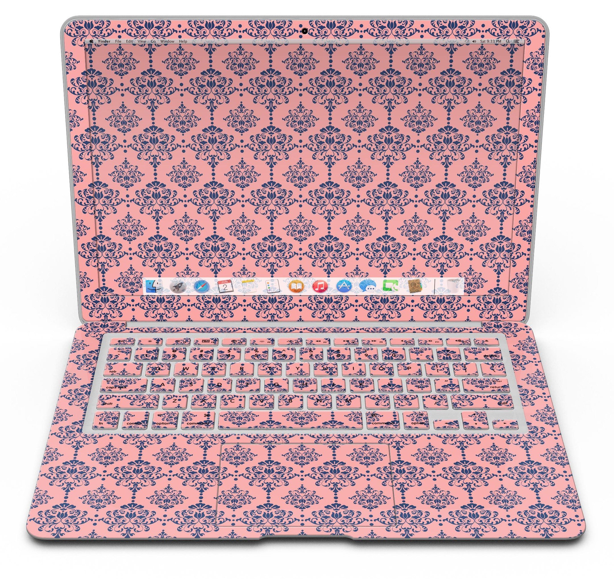 Coral and Navy Damask Pattern MacBook Air Skin Kit showcasing stylish design and premium vinyl material.